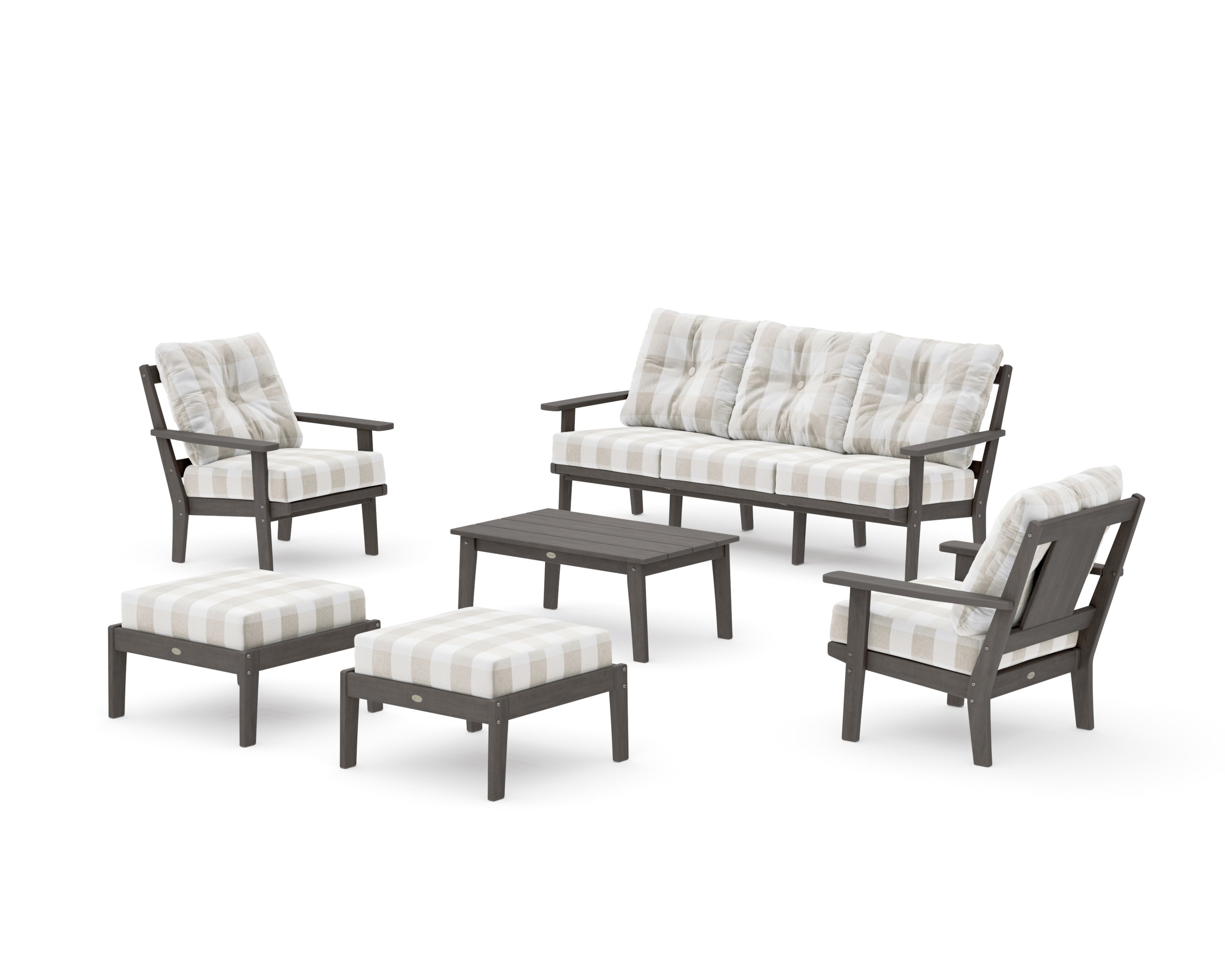 Prairie 6-Piece Lounge Sofa Set in Driftwood / Buffalo Plaid Dune Burlap