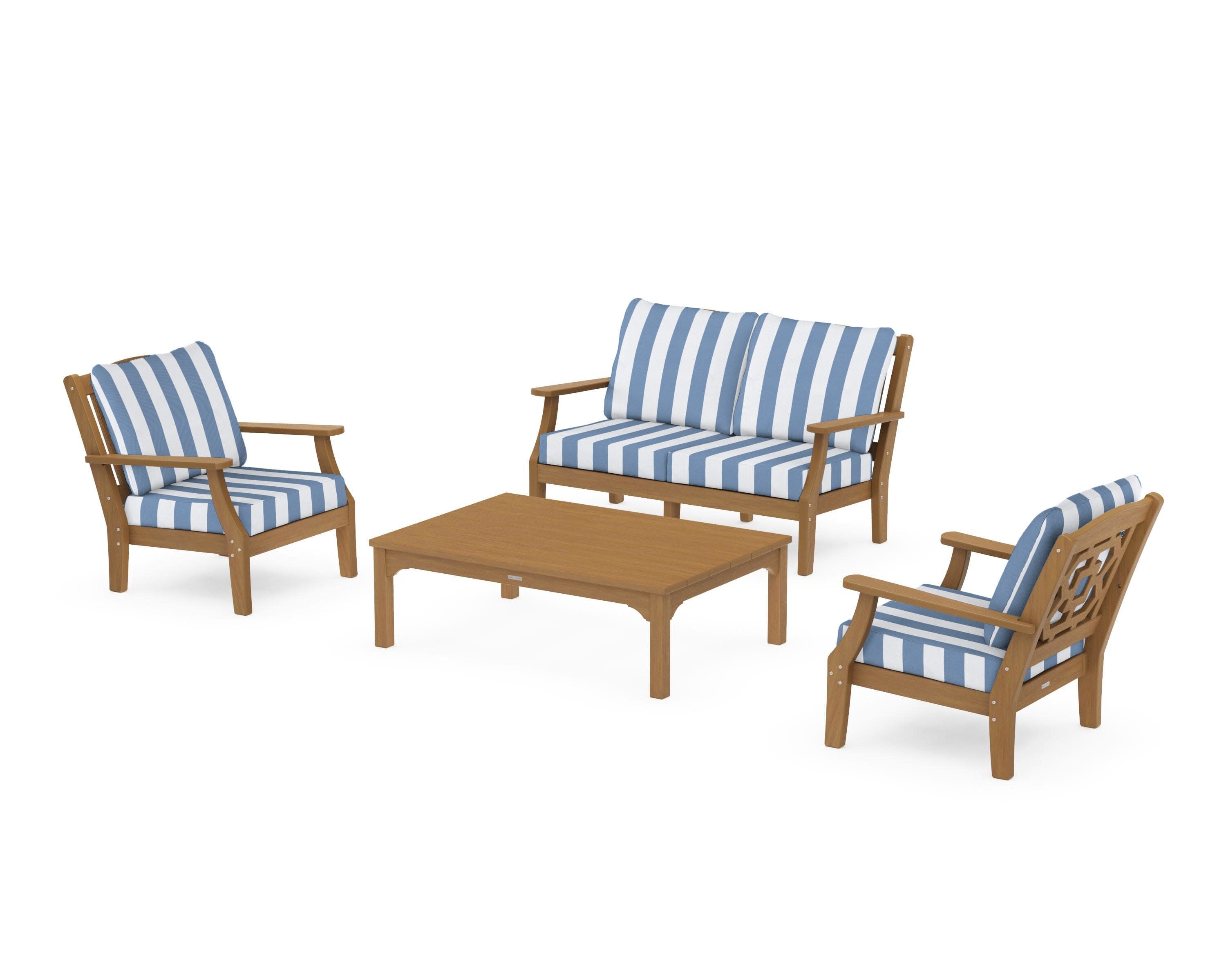 Chinoiserie 4-Piece Deep Seating Set with Loveseat in Natural / Cabana Stripe Sky Blue