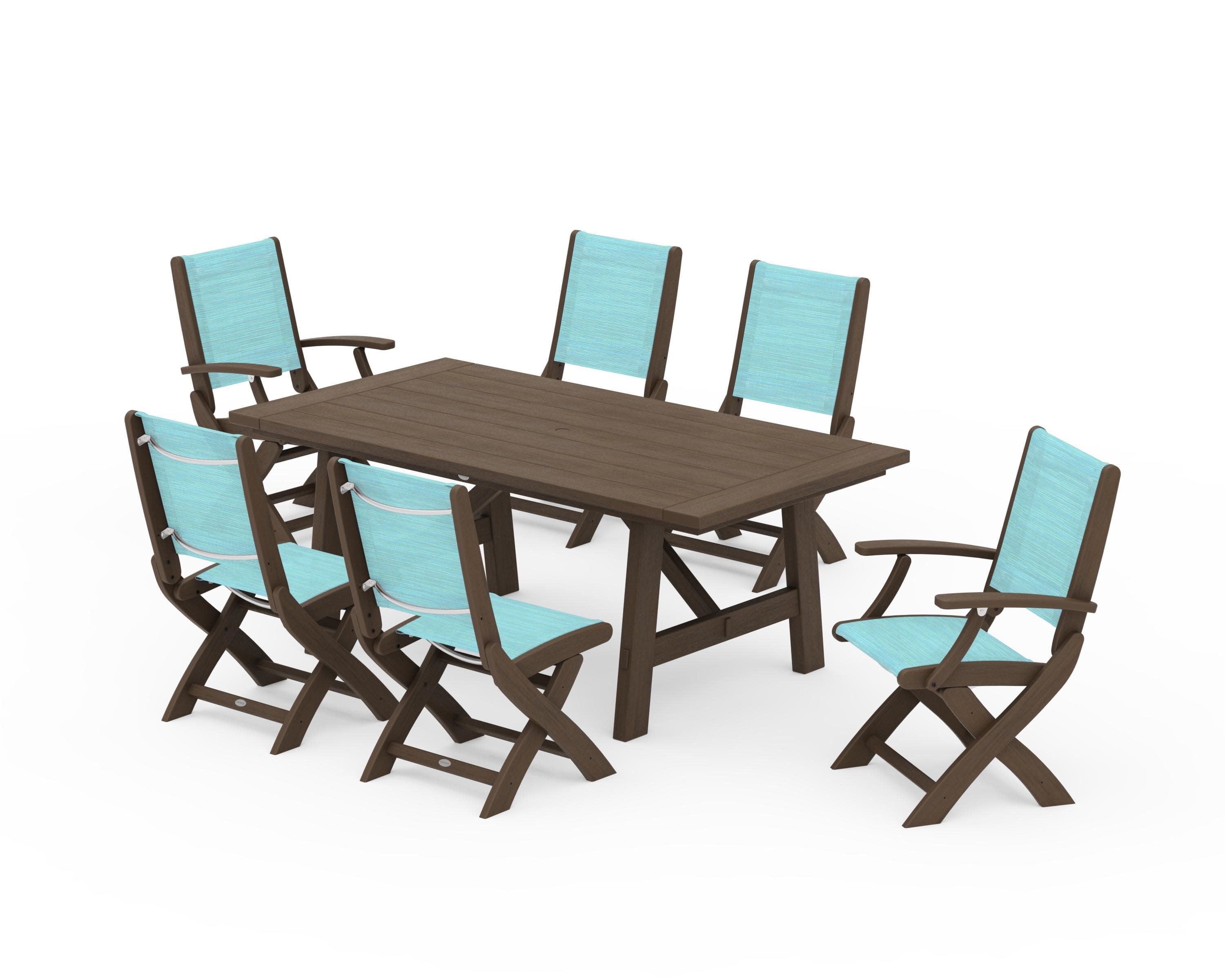 Coastal Folding Chair 7-Piece Rustic Farmhouse Dining Set in Kona / Dupioni Aquamarine Sling