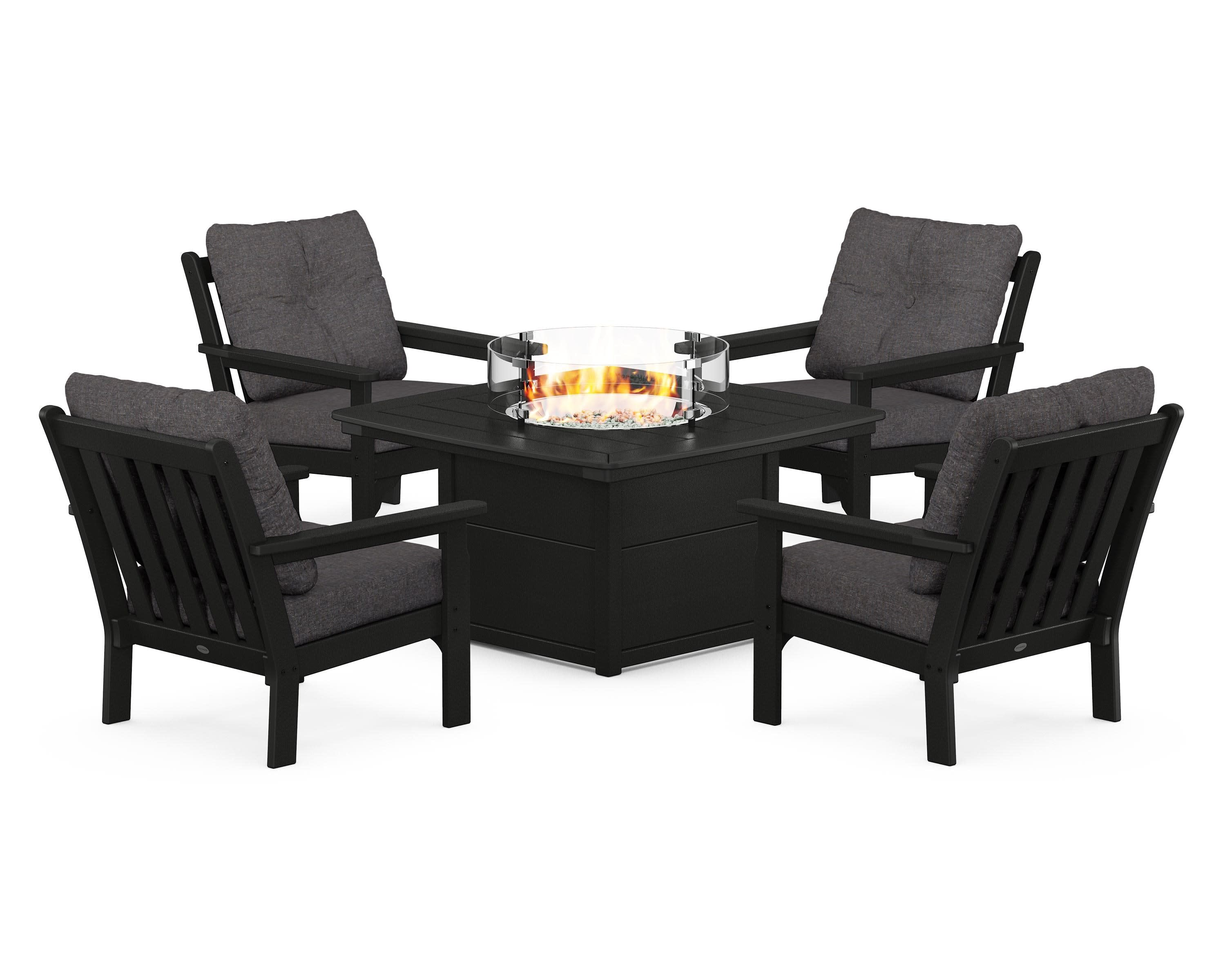 Vineyard 5-Piece Conversation Set with Fire Pit Table in Black / Ash Charcoal