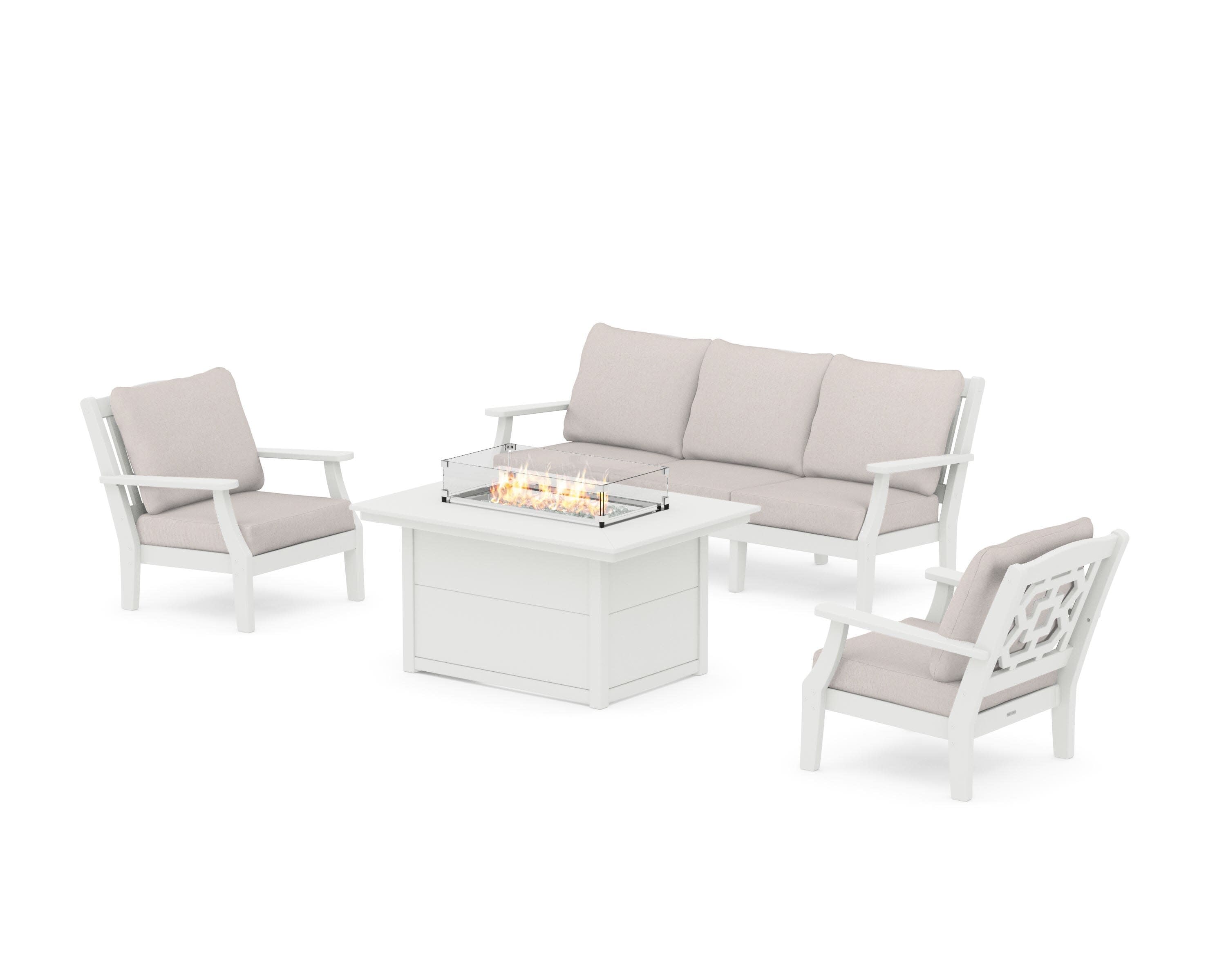 Chinoiserie Deep Seating Fire Pit Table Set in Vintage White / Dune Burlap