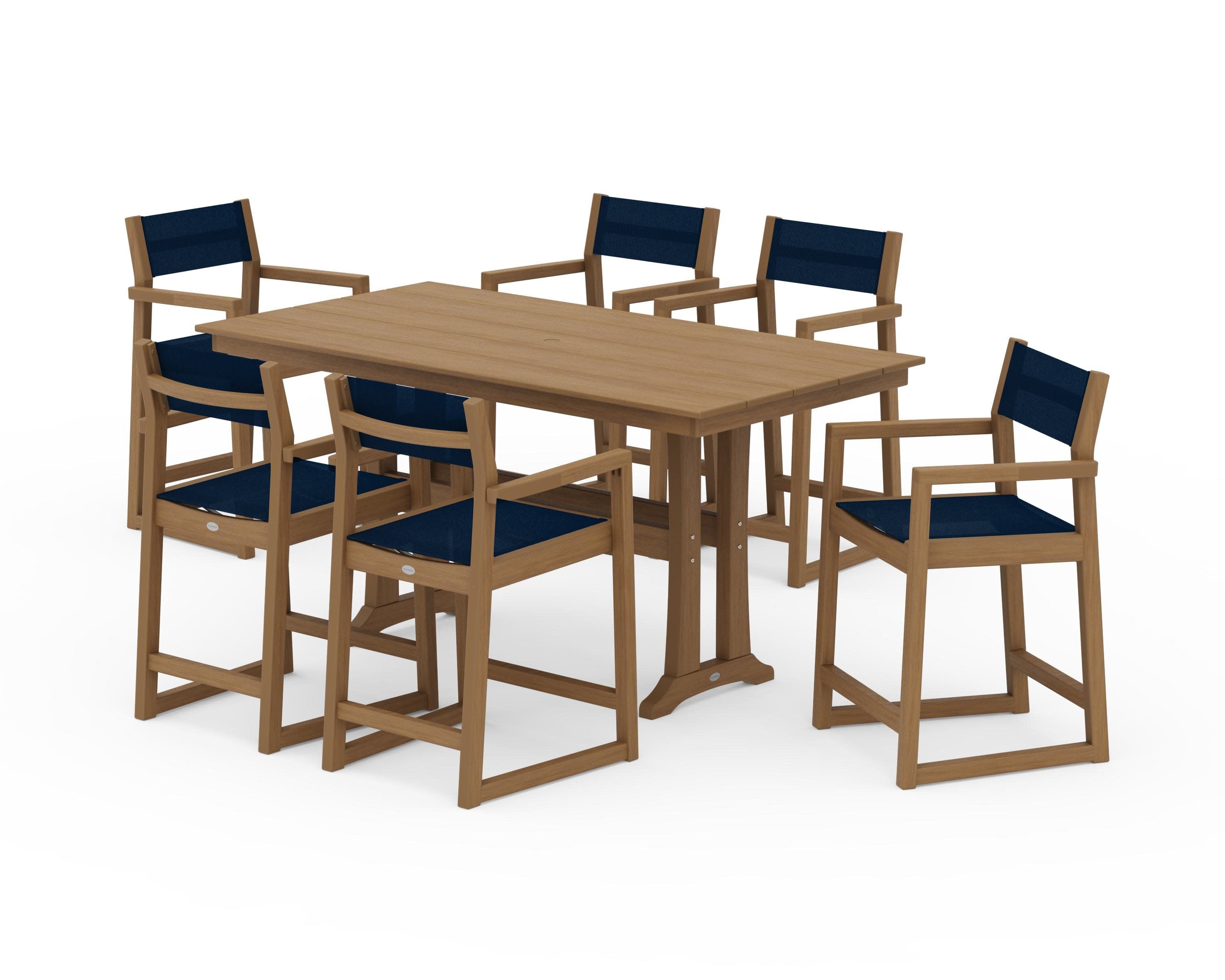 EDGE Sling Arm Chair 7-Piece Farmhouse Counter Set with Trestle Legs in Natural / Navy Blue Sling