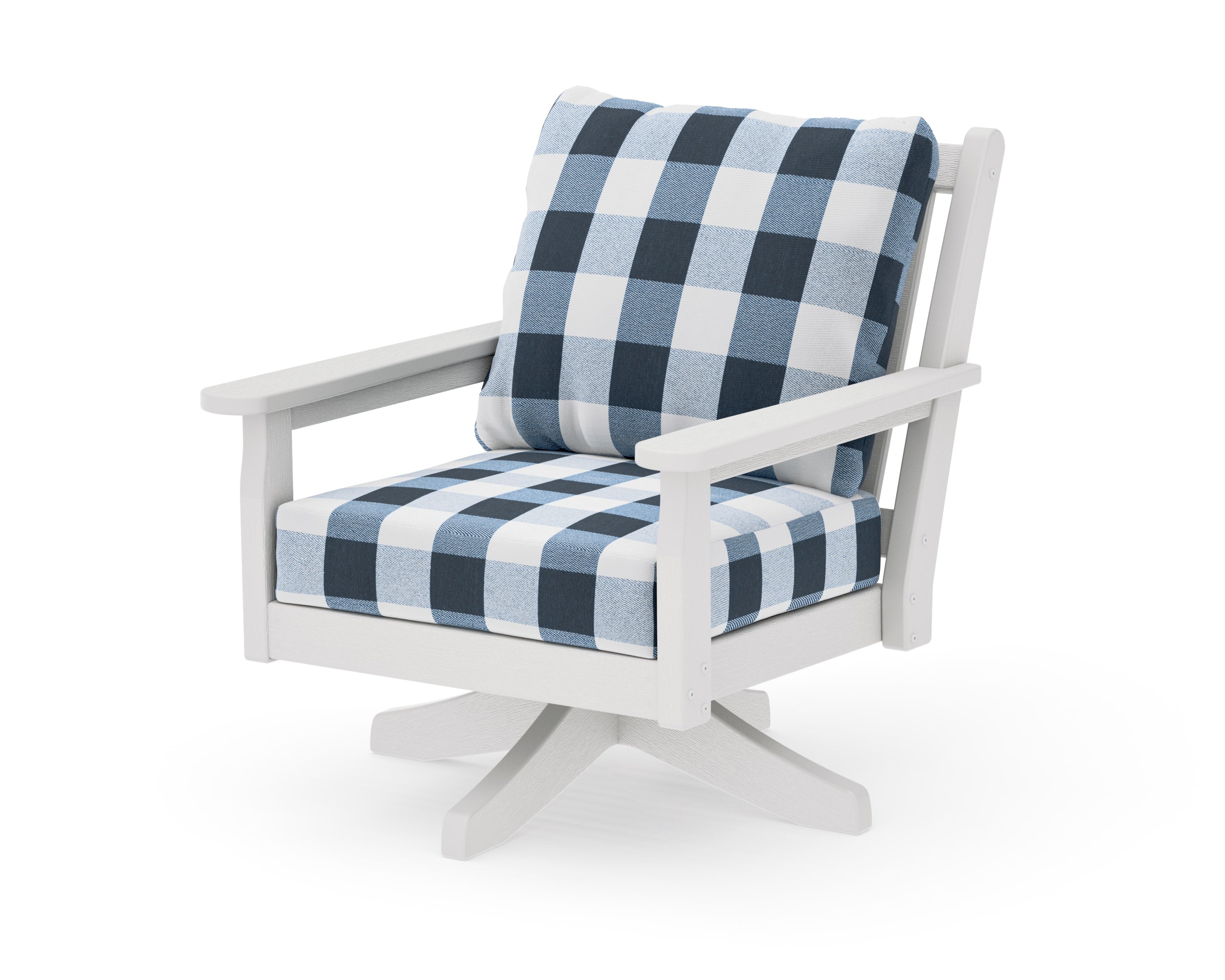 Chippendale Deep Seating Swivel Chair in Vintage White / Buffalo Plaid Marine Indigo