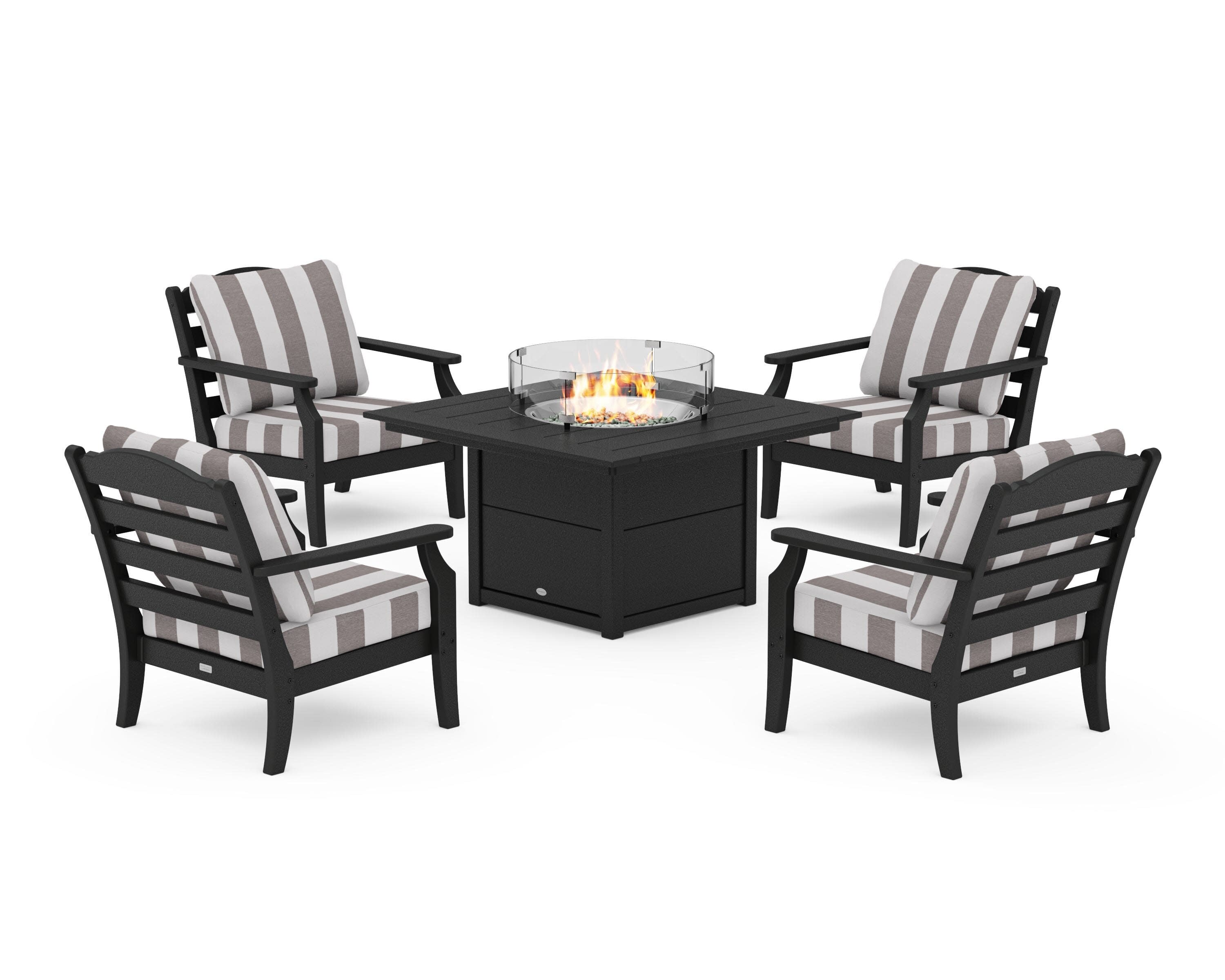 Savannah 5-Piece Deep Seating Set with Fire Pit Table in Black / Cabana Stripe Grey Mist