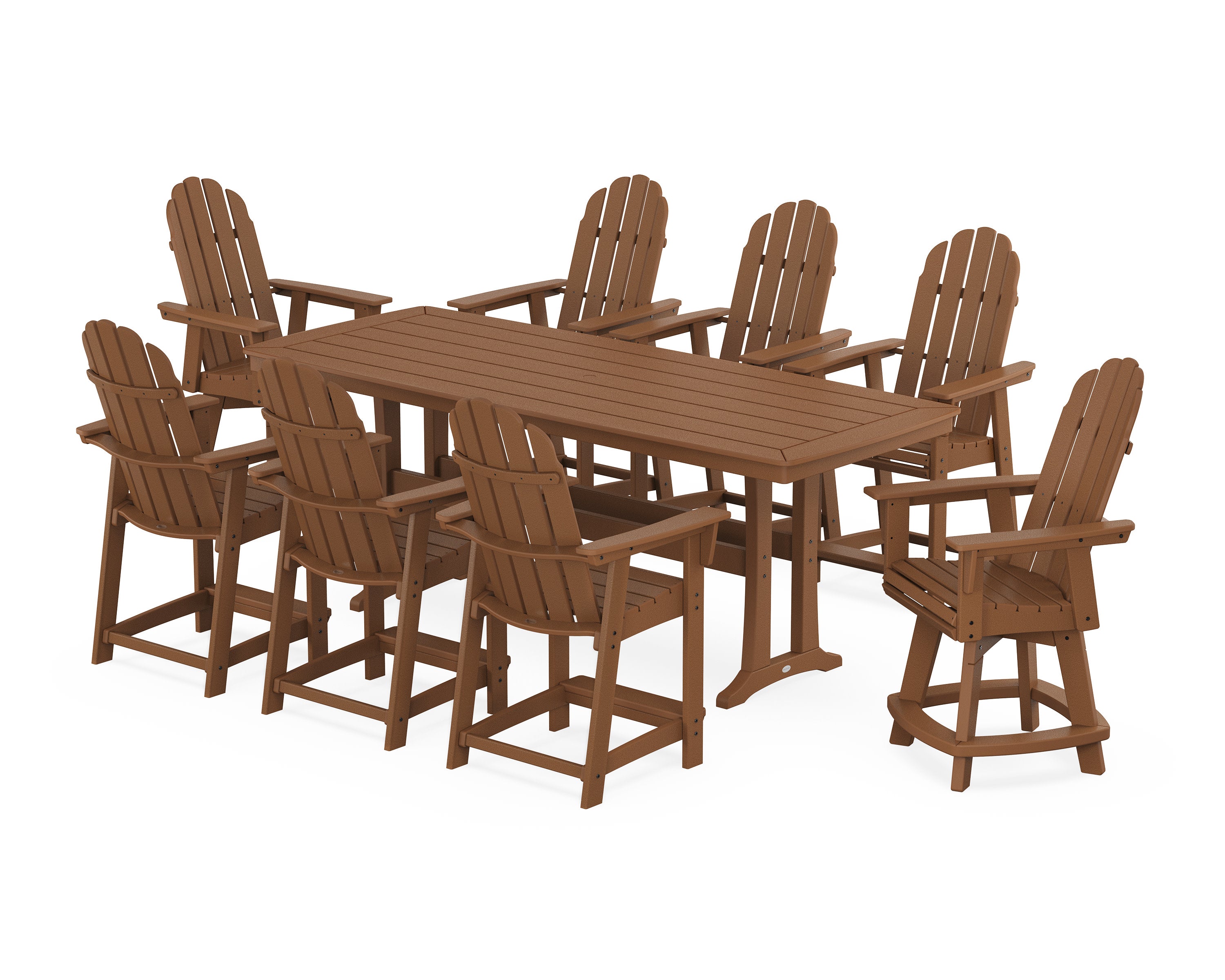 Vineyard Curveback Adirondack Swivel 9-Piece Counter Set with Trestle Legs in Teak