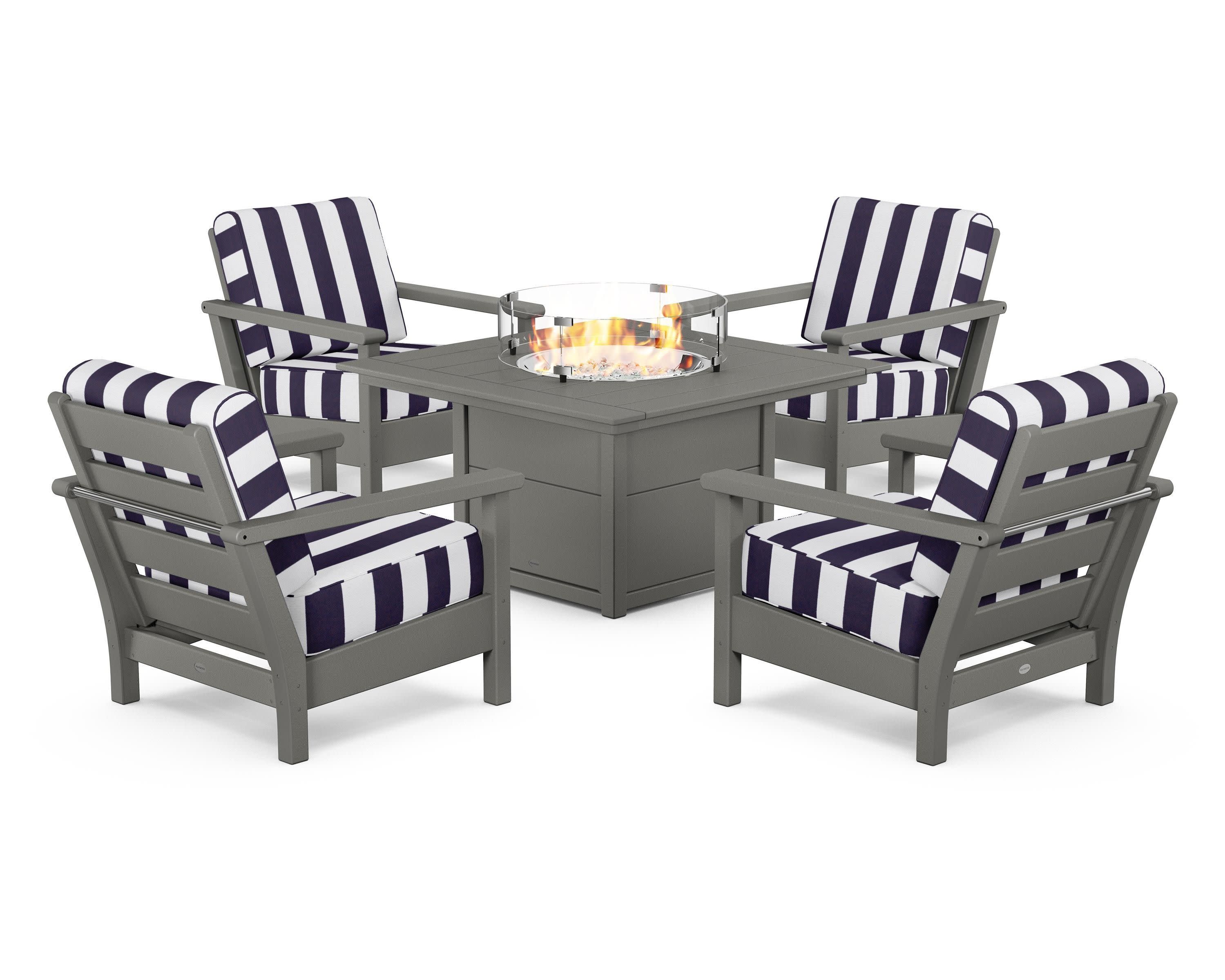 Harbour 5-Piece Conversation Set with Fire Pit Table in Slate Grey / Cabana Stripe Navy