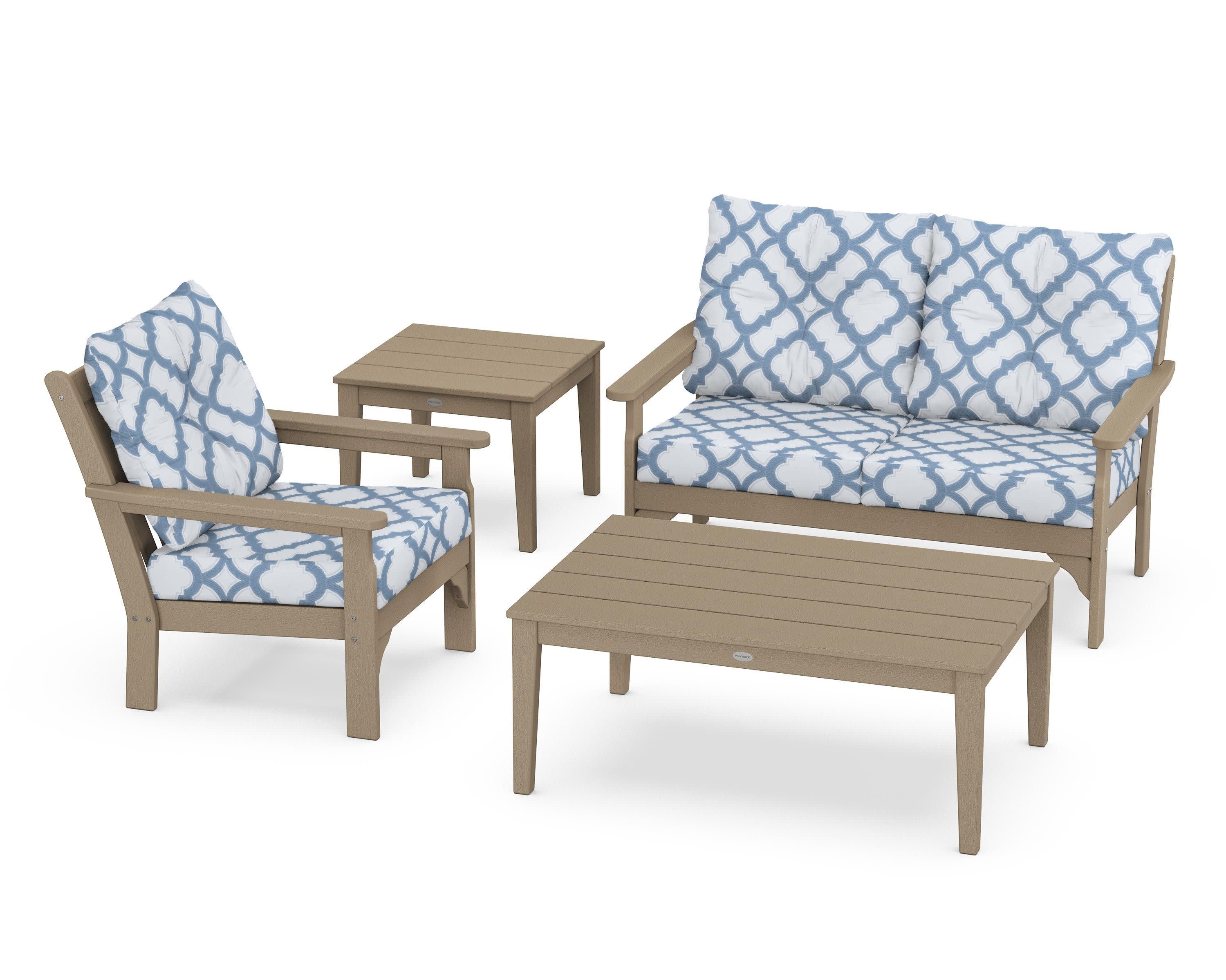 Vineyard 4-Piece Deep Seating Set in Vintage Sahara / Trellis Sky Blue