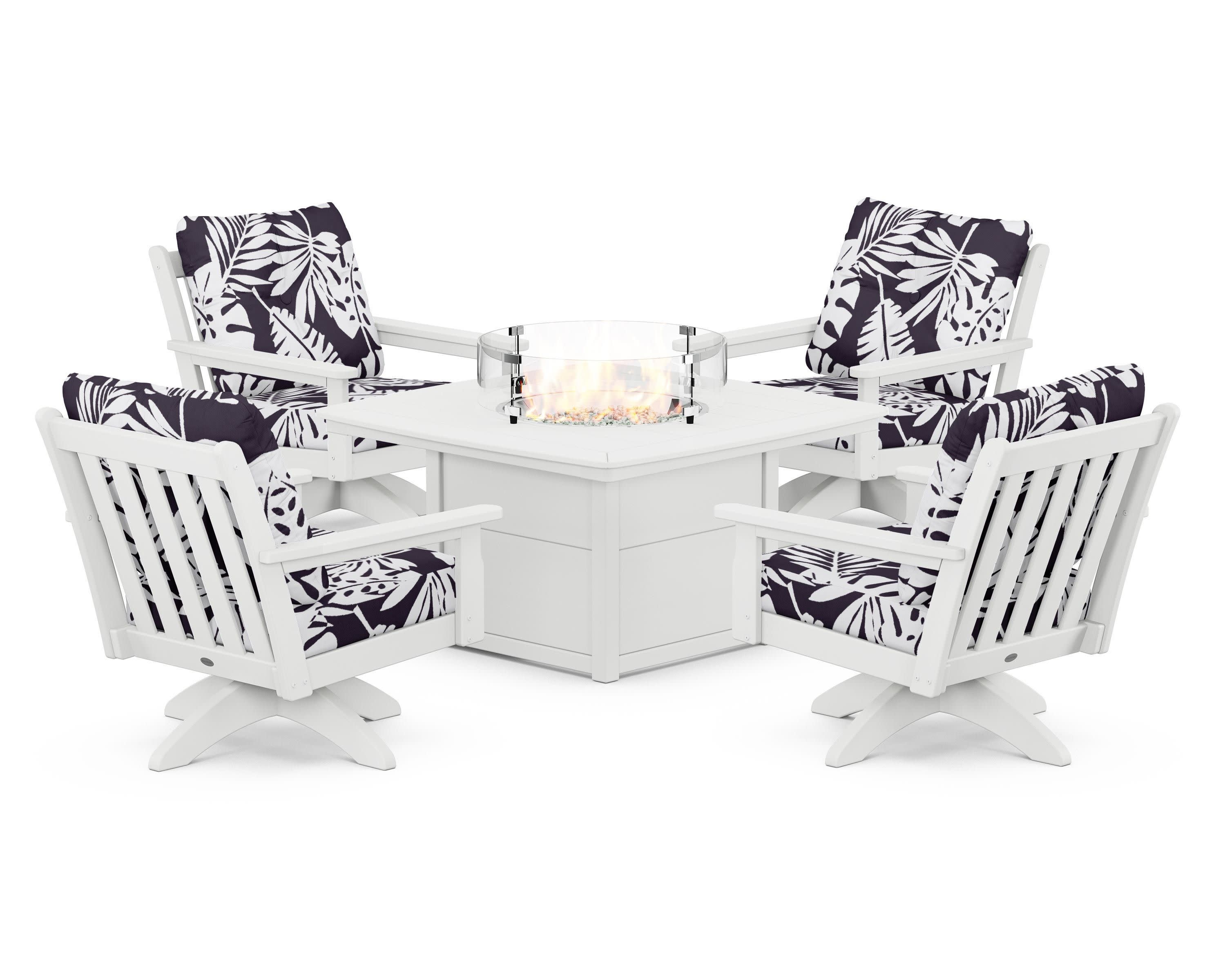 Vineyard 5-Piece Deep Seating Swivel Conversation Set with Fire Pit Table in White / Leaf Navy