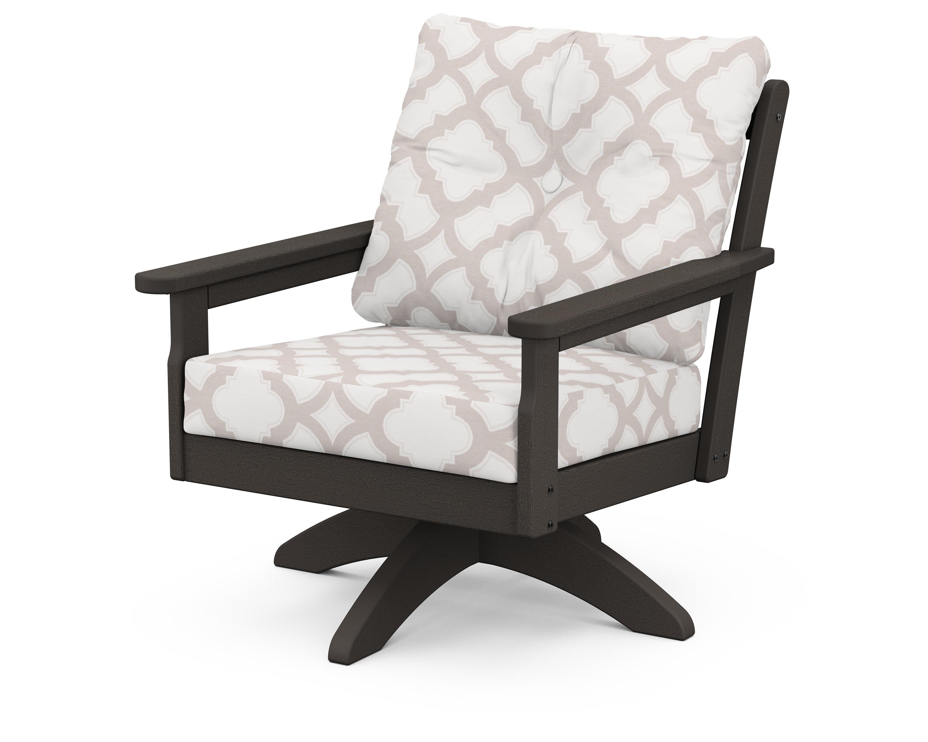 Vineyard Deep Seating Swivel Chair in Vintage Coffee / Trellis Dune Burlap