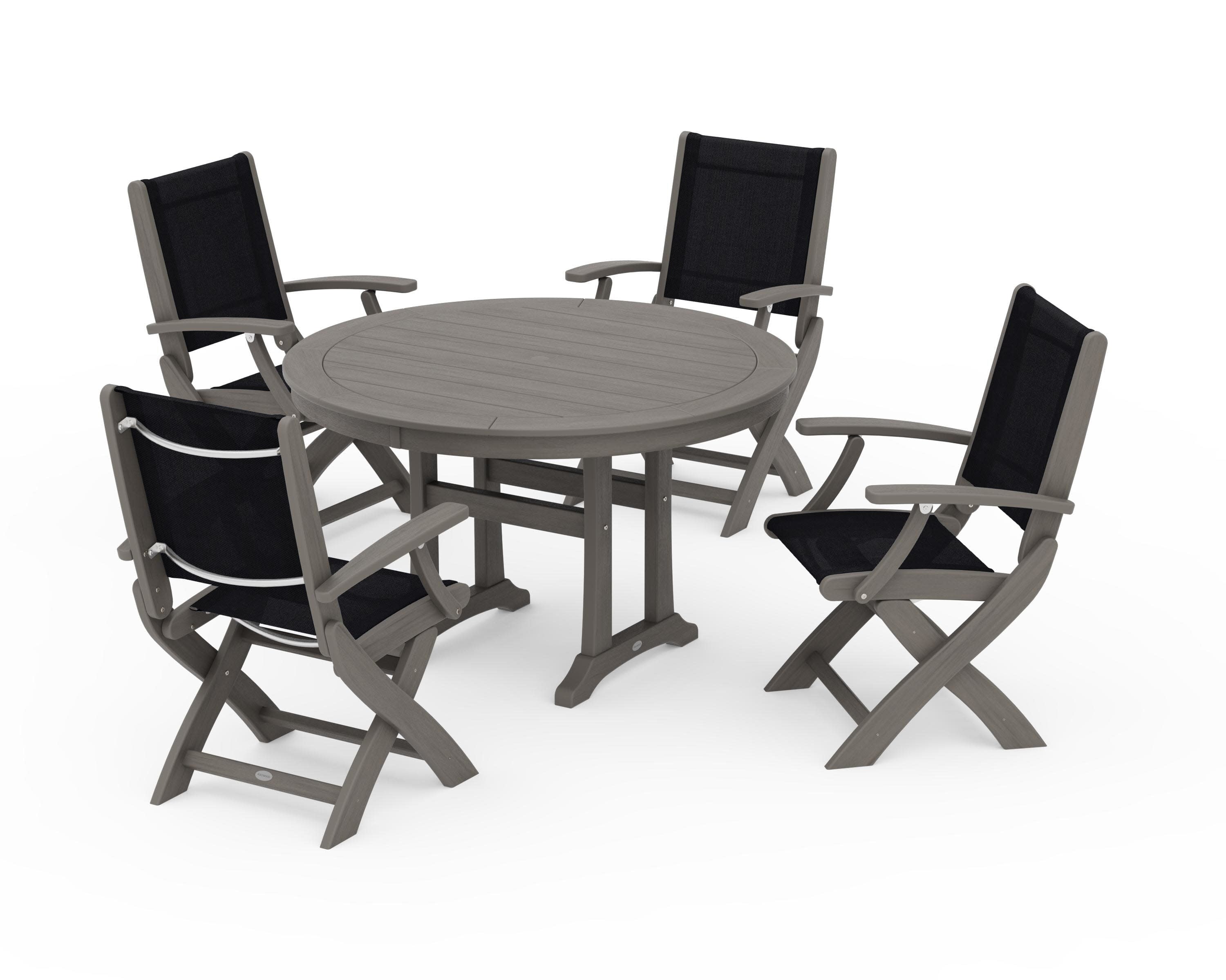 Coastal Folding Chair 5-Piece Round Dining Set with Trestle Legs in Driftwood / Black Sling