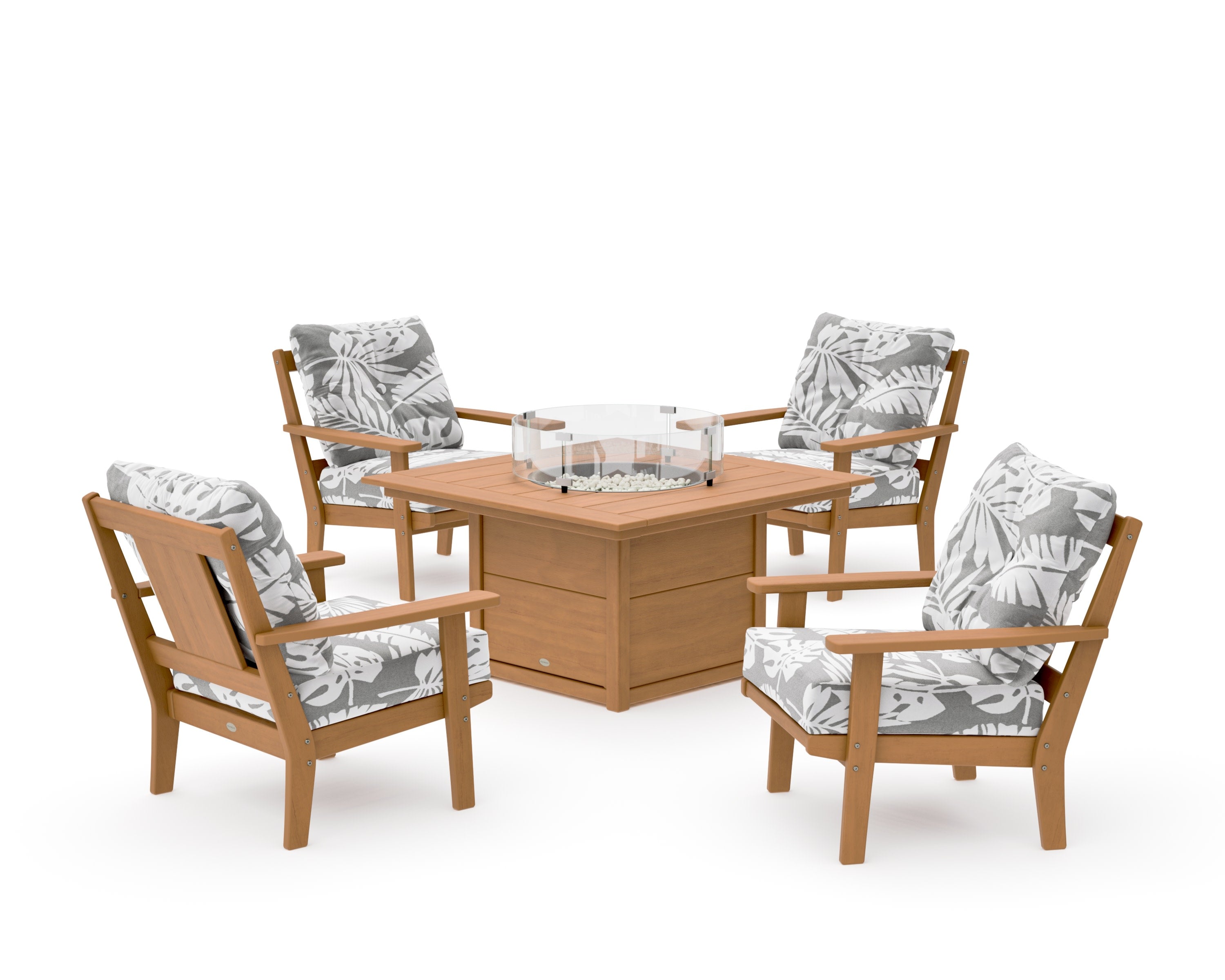 Prairie 5-Piece Deep Seating Set with Fire Pit Table in Natural / Leaf Grey Mist