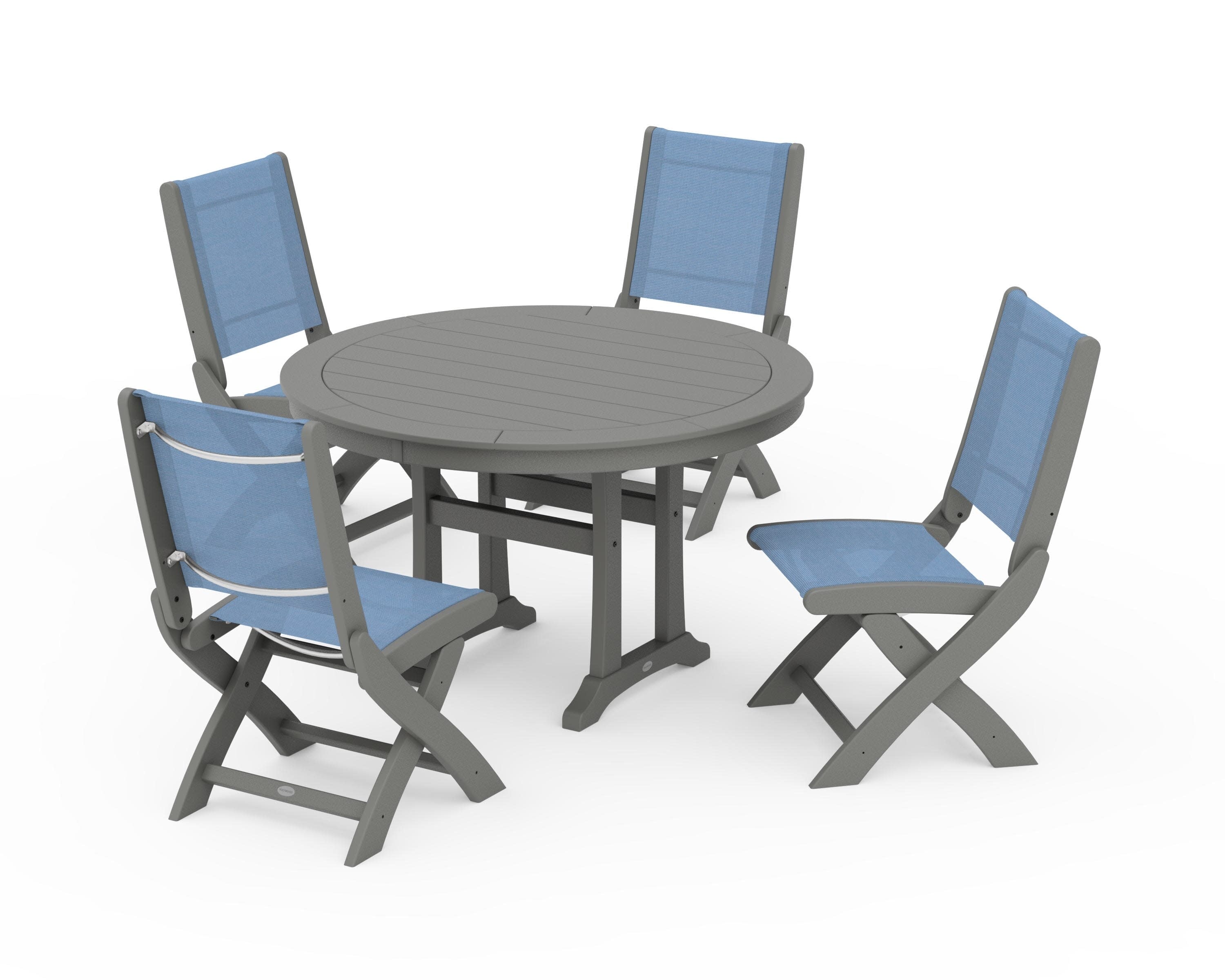 Coastal Folding Side Chair 5-Piece Round Dining Set With Trestle Legs in Slate Grey / Poolside Sling