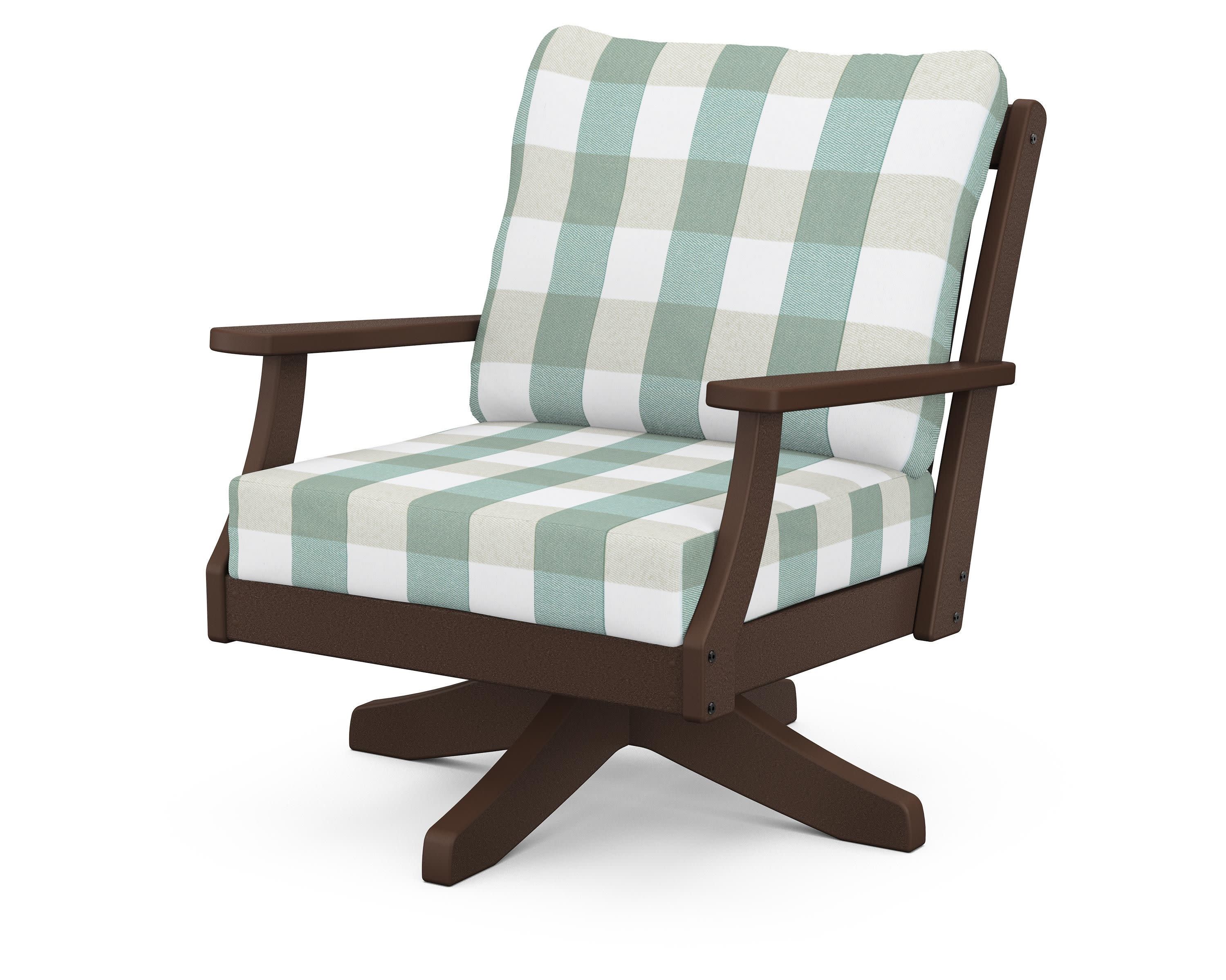 Braxton Deep Seating Swivel Chair in Mahogany / Buffalo Plaid Glacier Spa