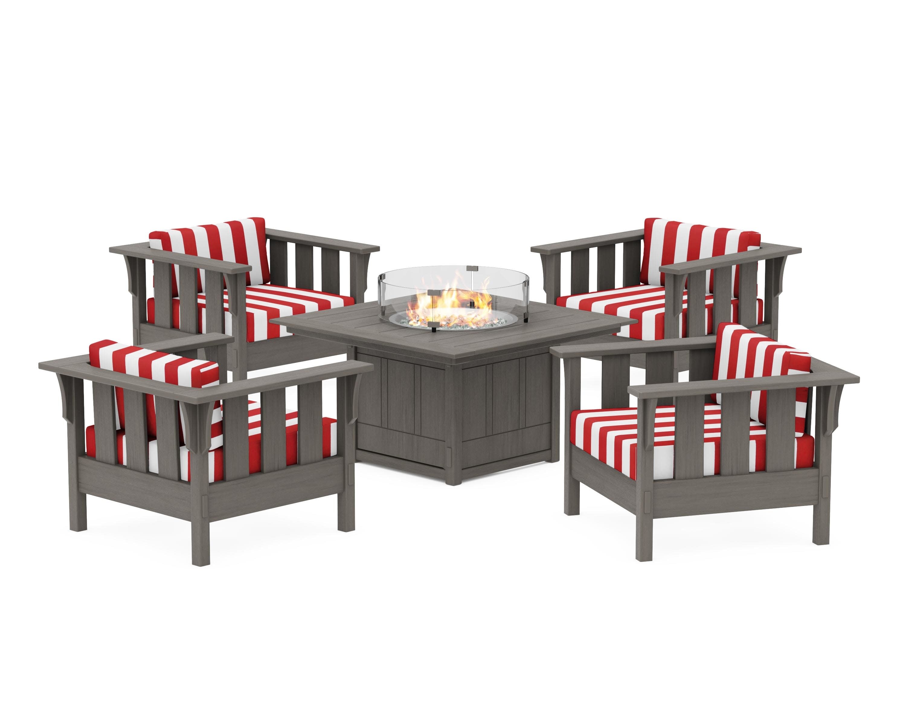 Acadia 5-Piece Deep Seating Set with Fire Pit Table in Driftwood / Cabana Stripe Crimson