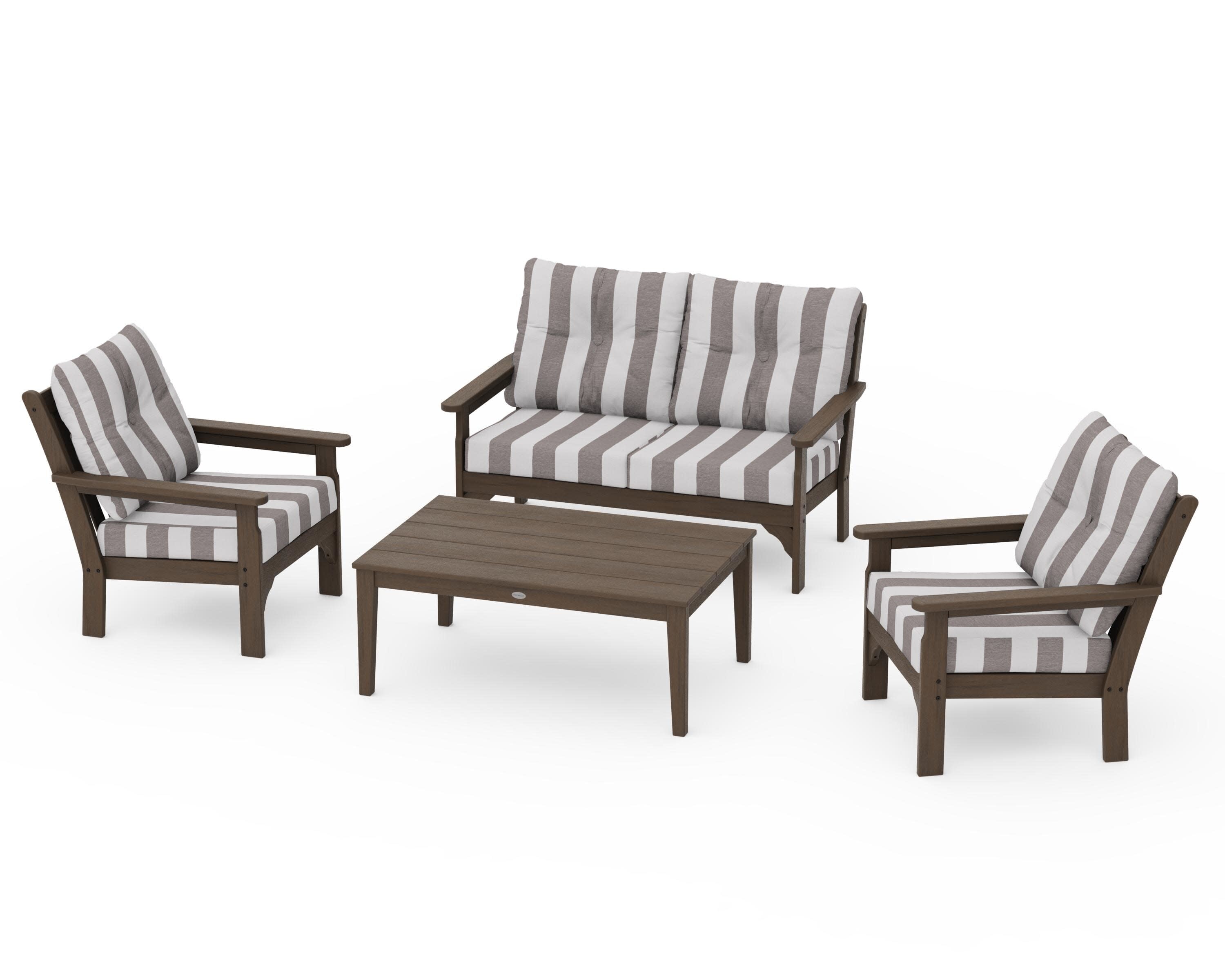 Vineyard 4-Piece Deep Seating Set in Kona / Cabana Stripe Grey Mist