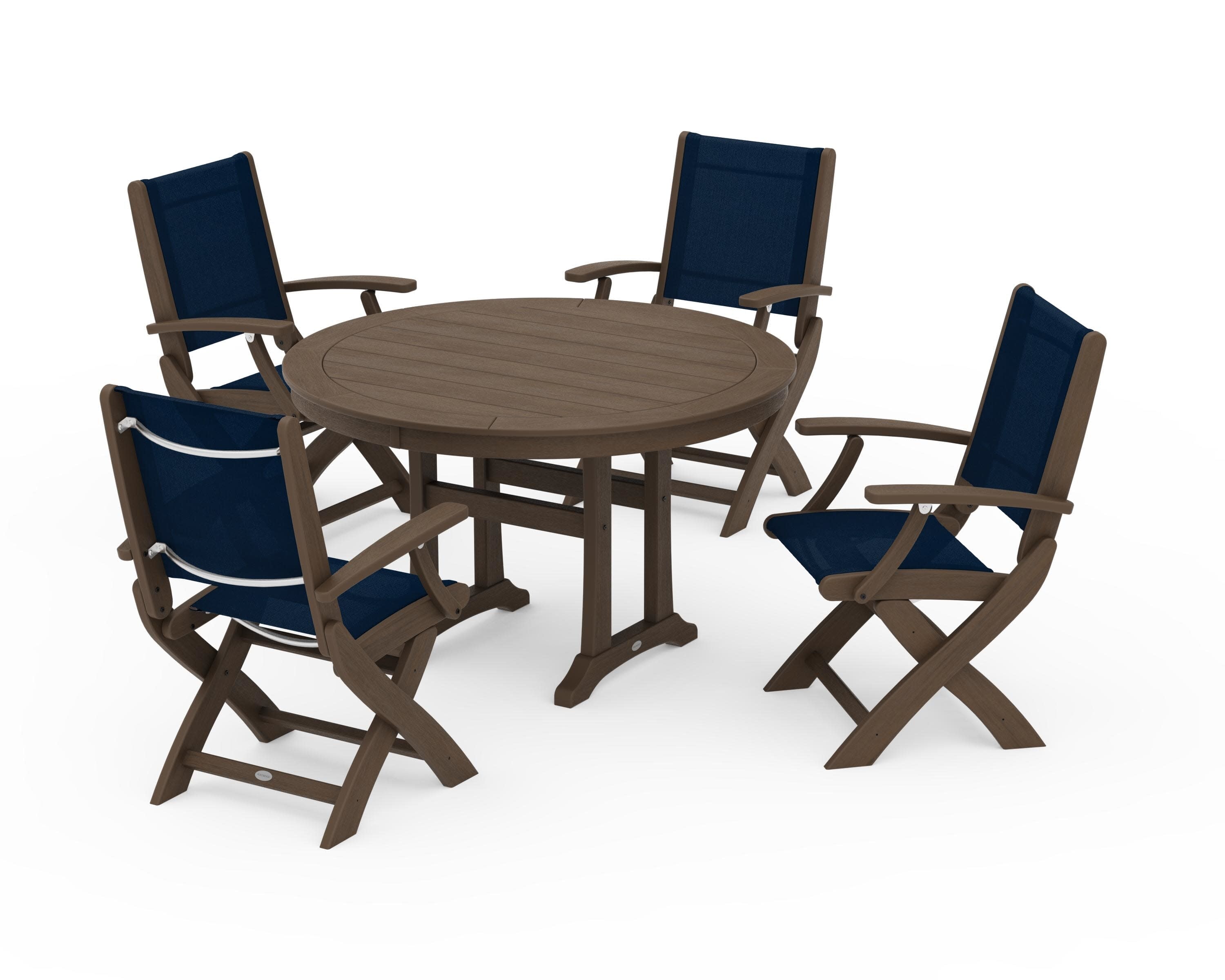 Coastal Folding Chair 5-Piece Round Dining Set with Trestle Legs in Kona / Navy Blue Sling