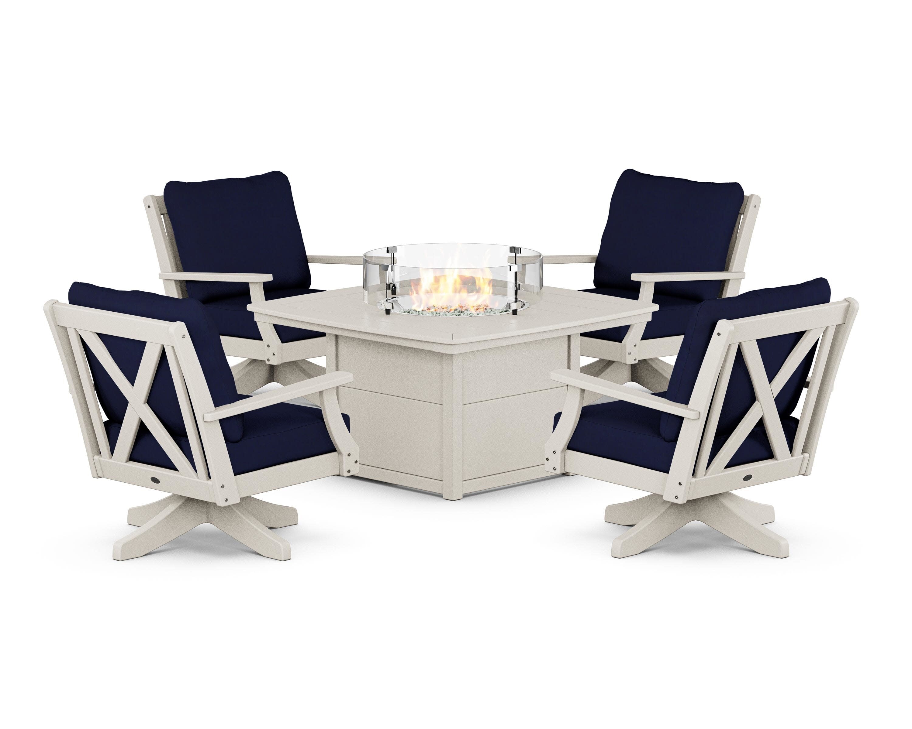 Braxton 5-Piece Deep Seating Swivel Conversation Set with Fire Pit Table in Sand / Navy