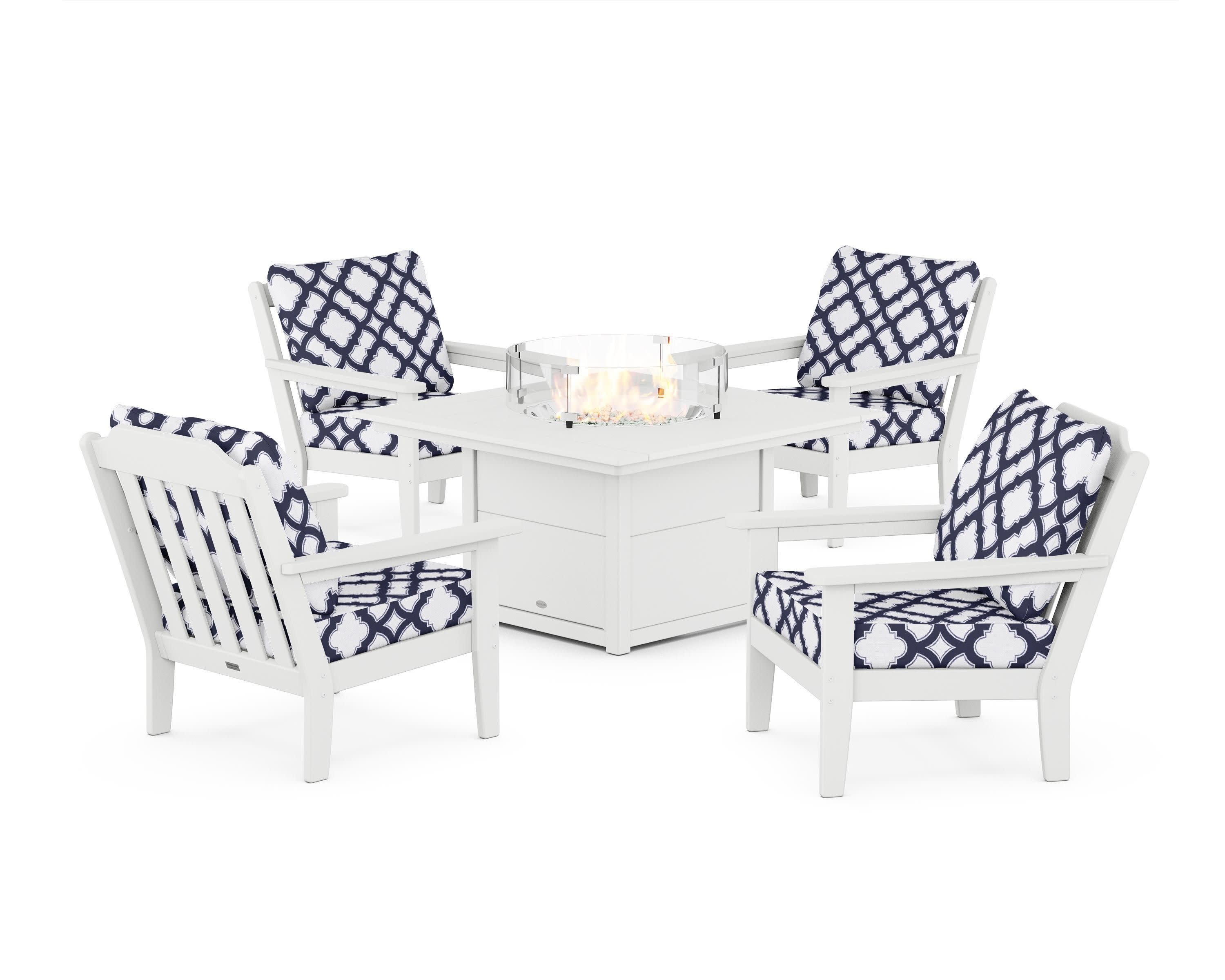 Cottage 5-Piece Deep Seating Set with Fire Pit Table in White / Trellis Navy