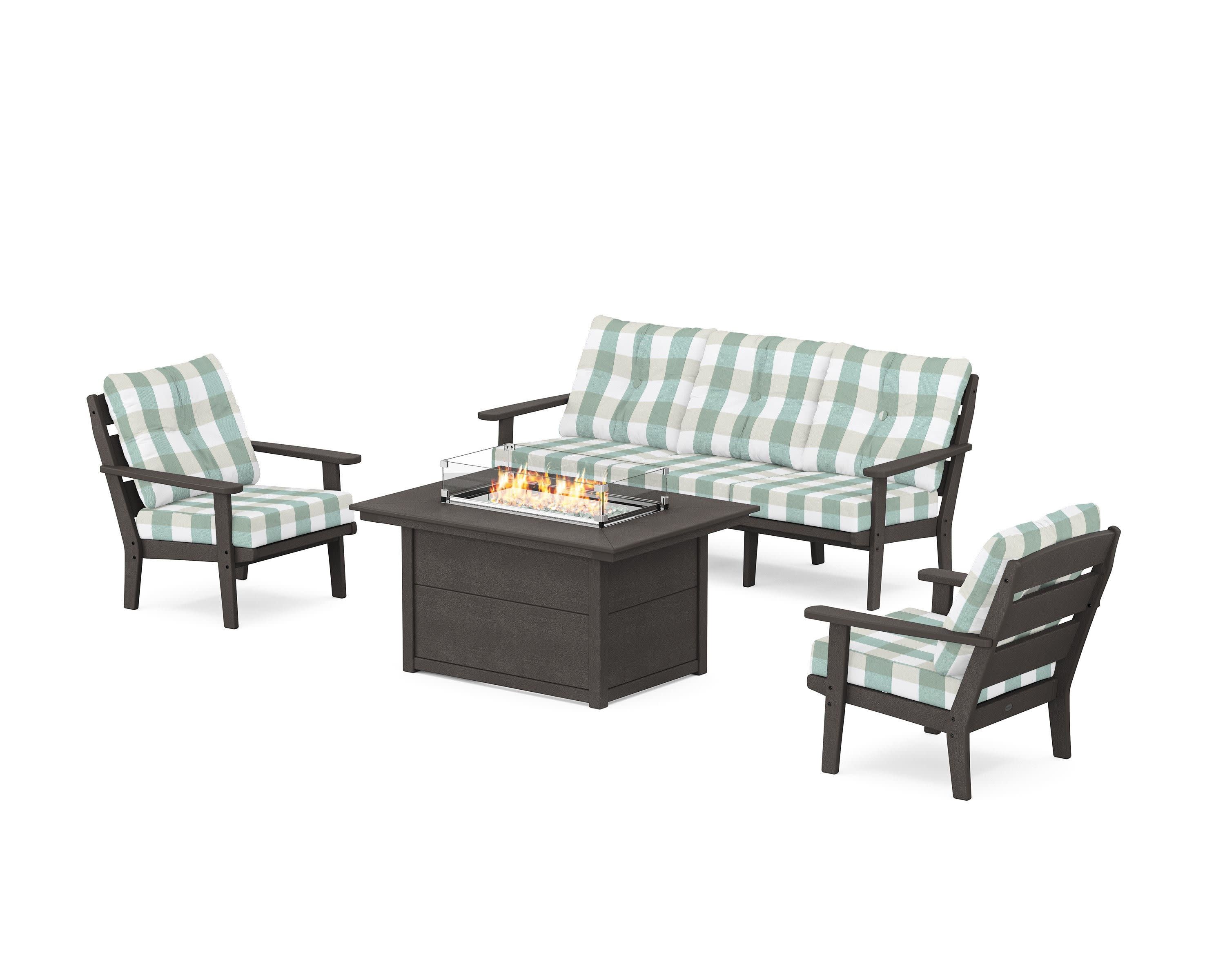 Lakeside Deep Seating Fire Pit Table Set in Vintage Coffee / Buffalo Plaid Glacier Spa