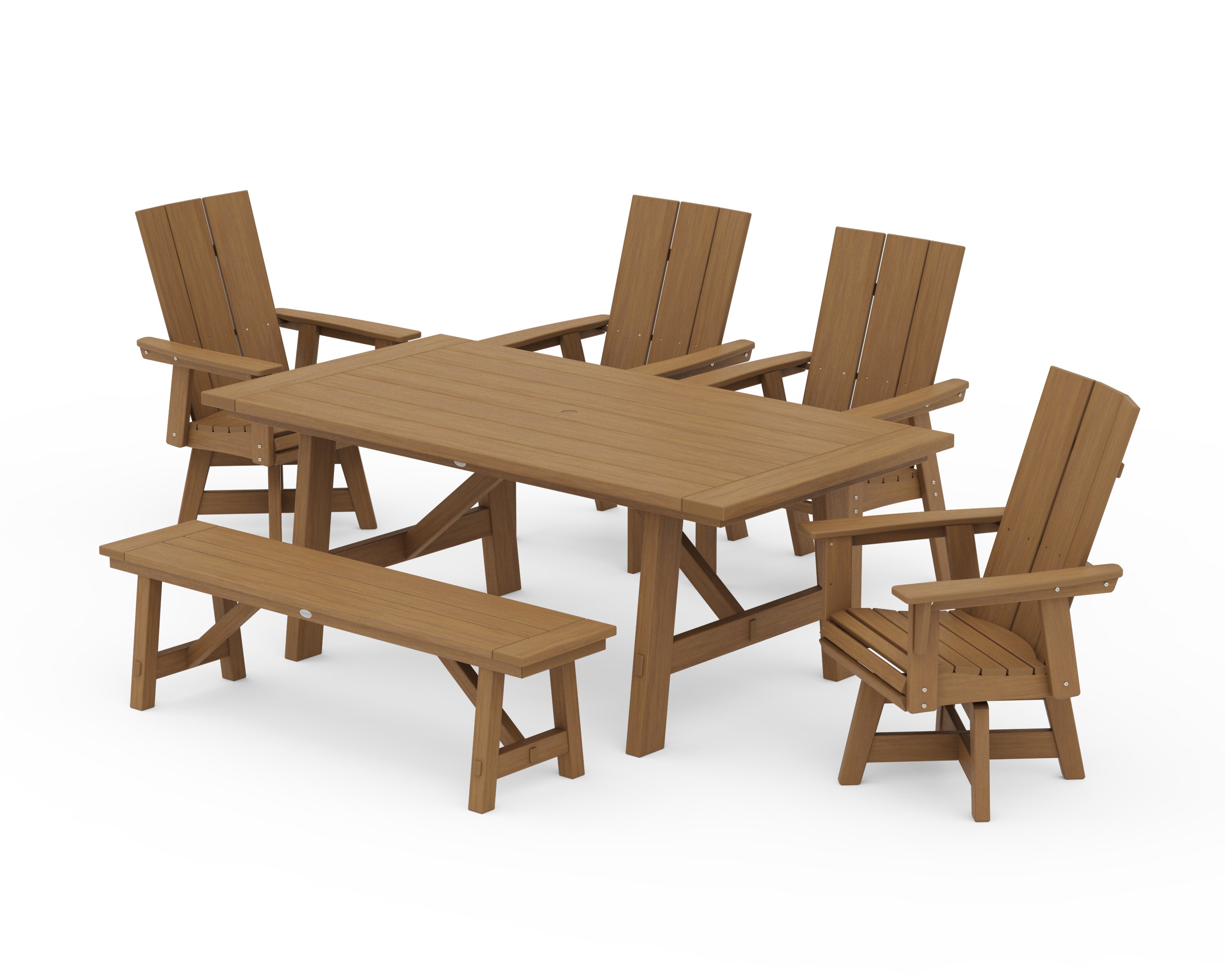 Modern Curveback Adirondack Swivel Chair 6-Piece Rustic Farmhouse Dining Set with Bench in Natural