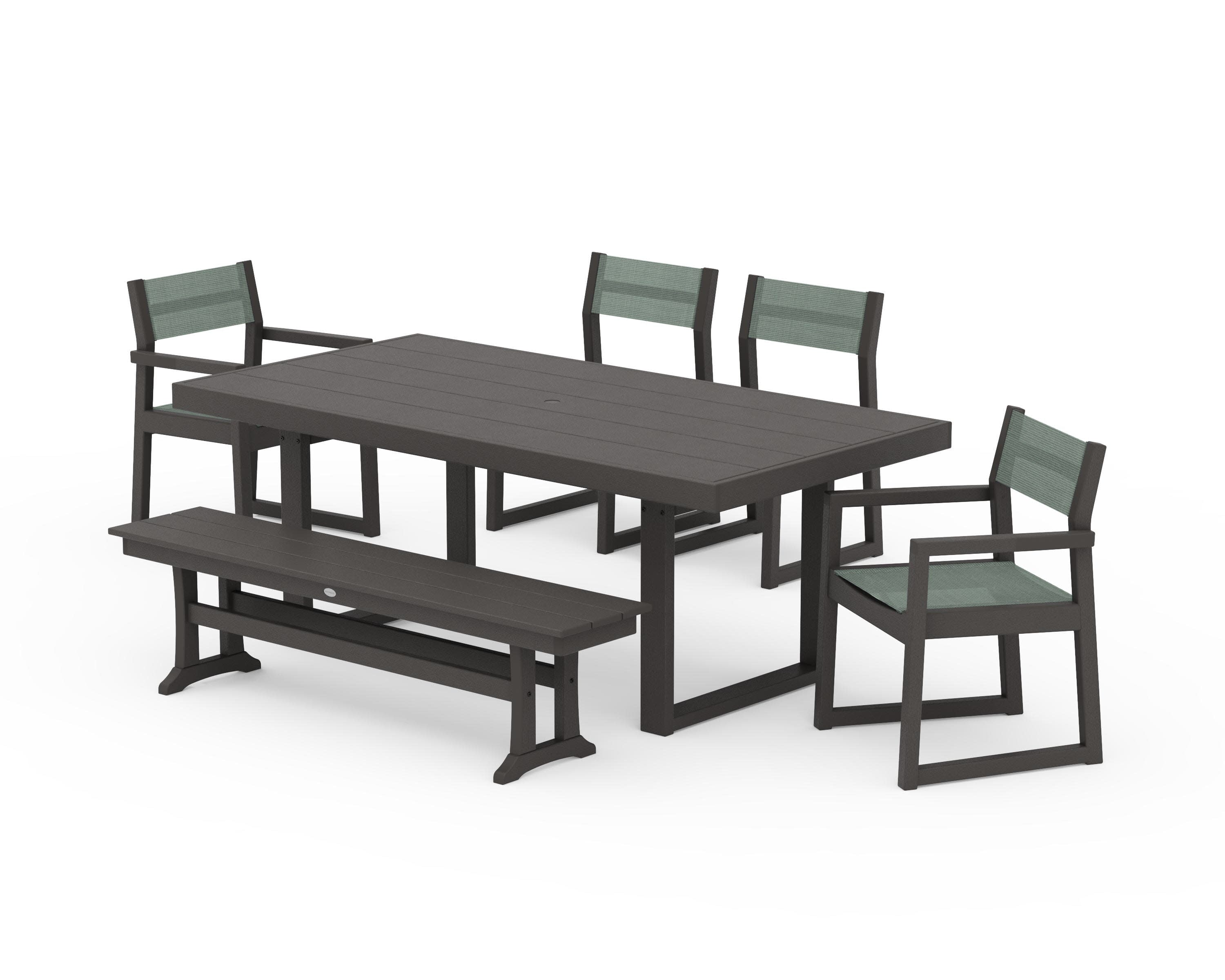 EDGE Sling 6-Piece Dining Set with Bench in Vintage Coffee / Dupioni Sea Mist Sling