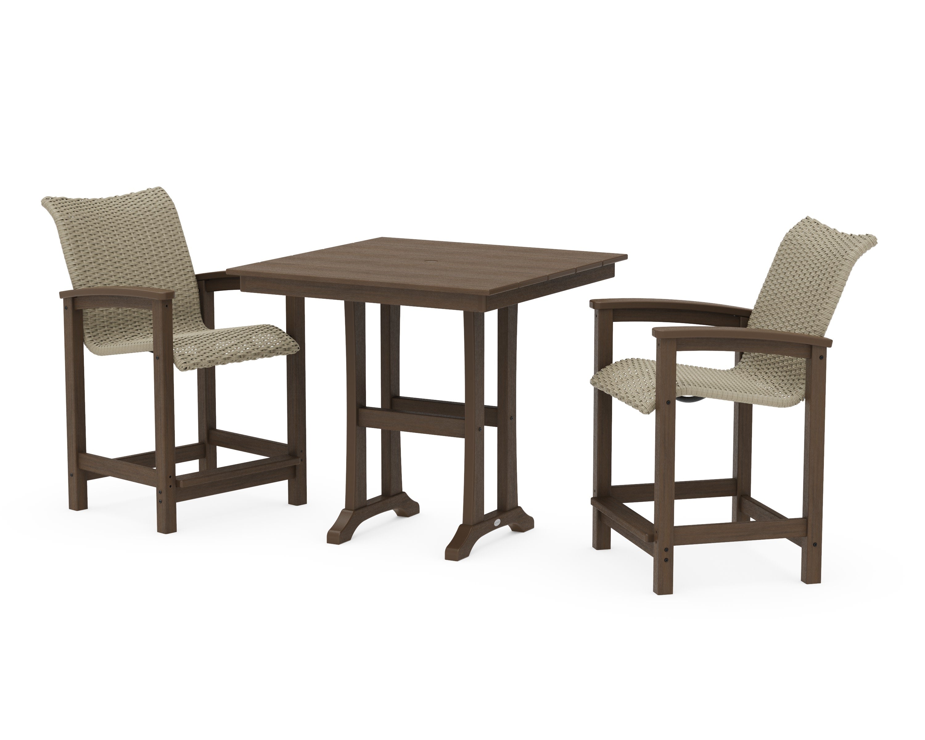 Coastal Woven 3-Piece Farmhouse Counter Set with Trestle Legs in Kona / Dune Grass