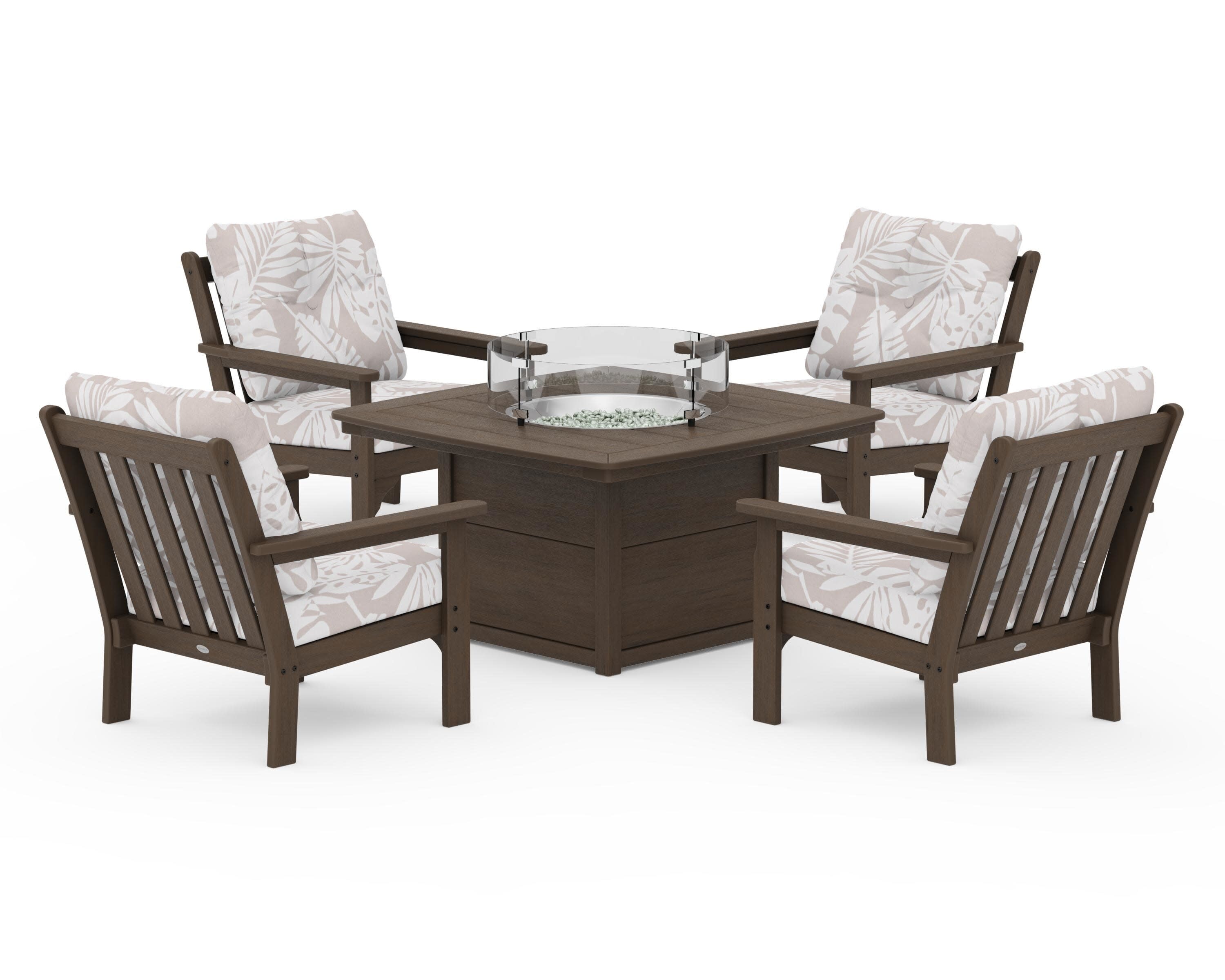 Vineyard 5-Piece Conversation Set with Fire Pit Table in Kona / Leaf Dune Burlap