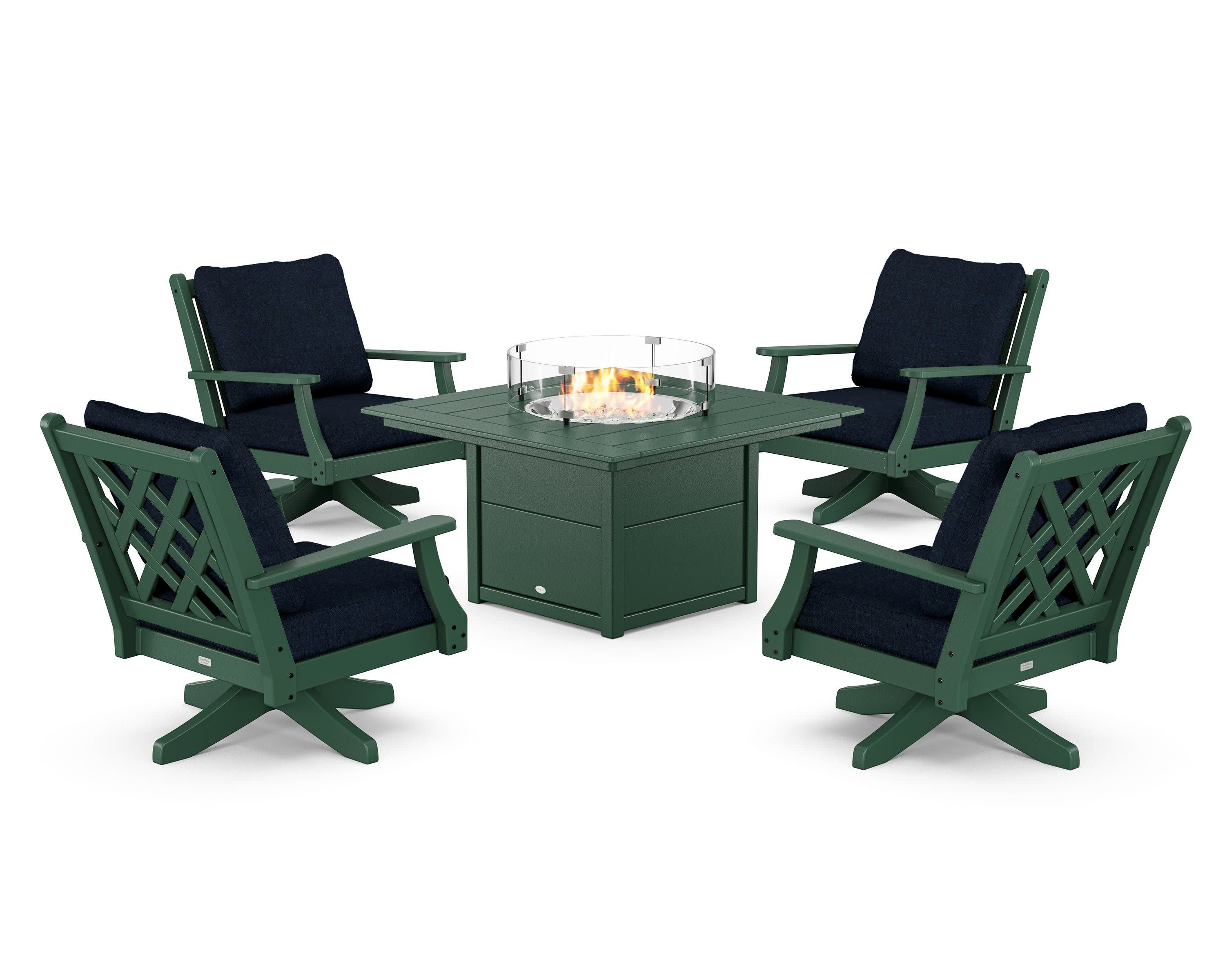 Wovendale 5-Piece Deep Seating Swivel Conversation Set with Fire Pit Table in Green / Marine Indigo