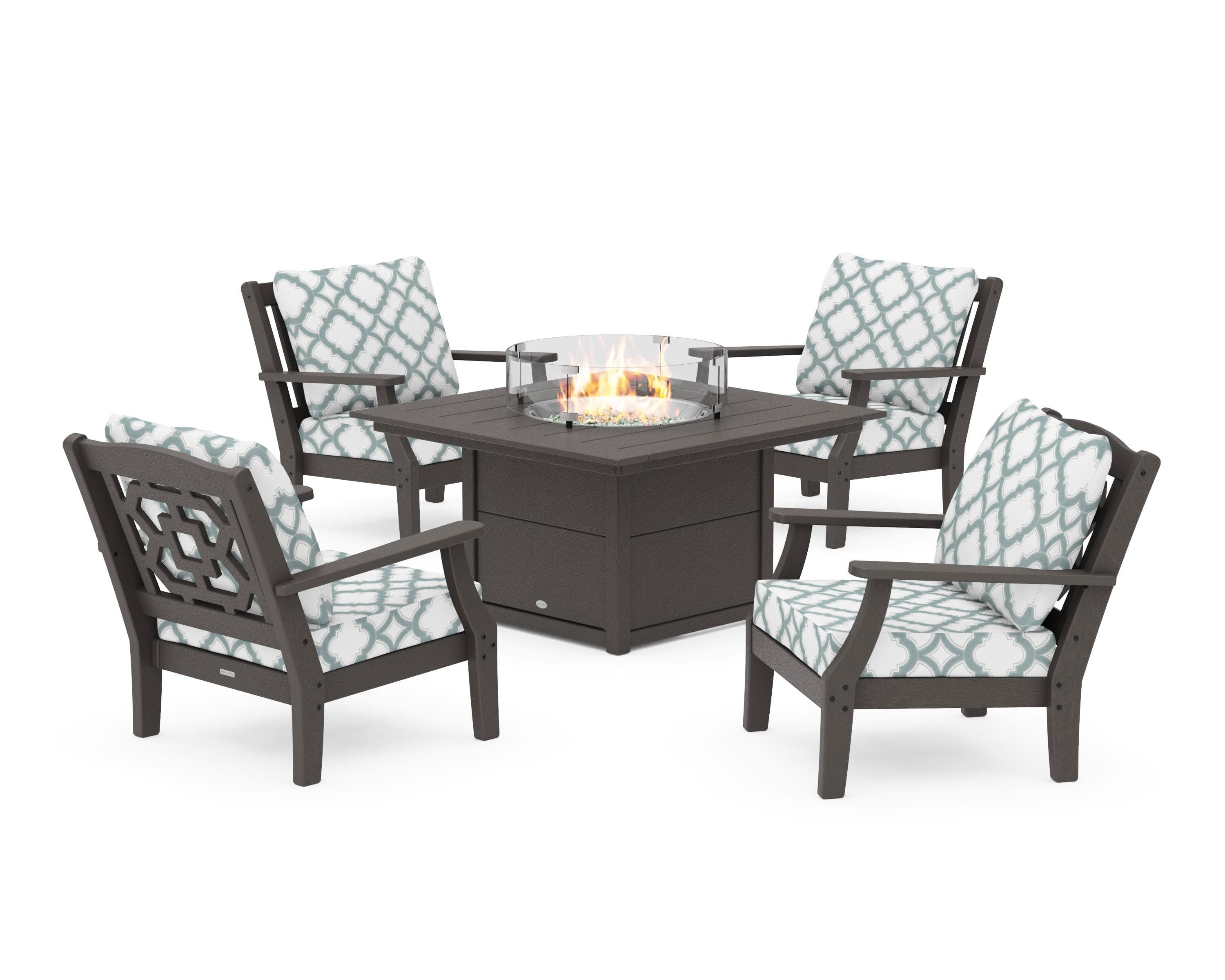 Chinoiserie 5-Piece Deep Seating Set with Fire Pit Table in Vintage Coffee / Trellis Glacier Spa