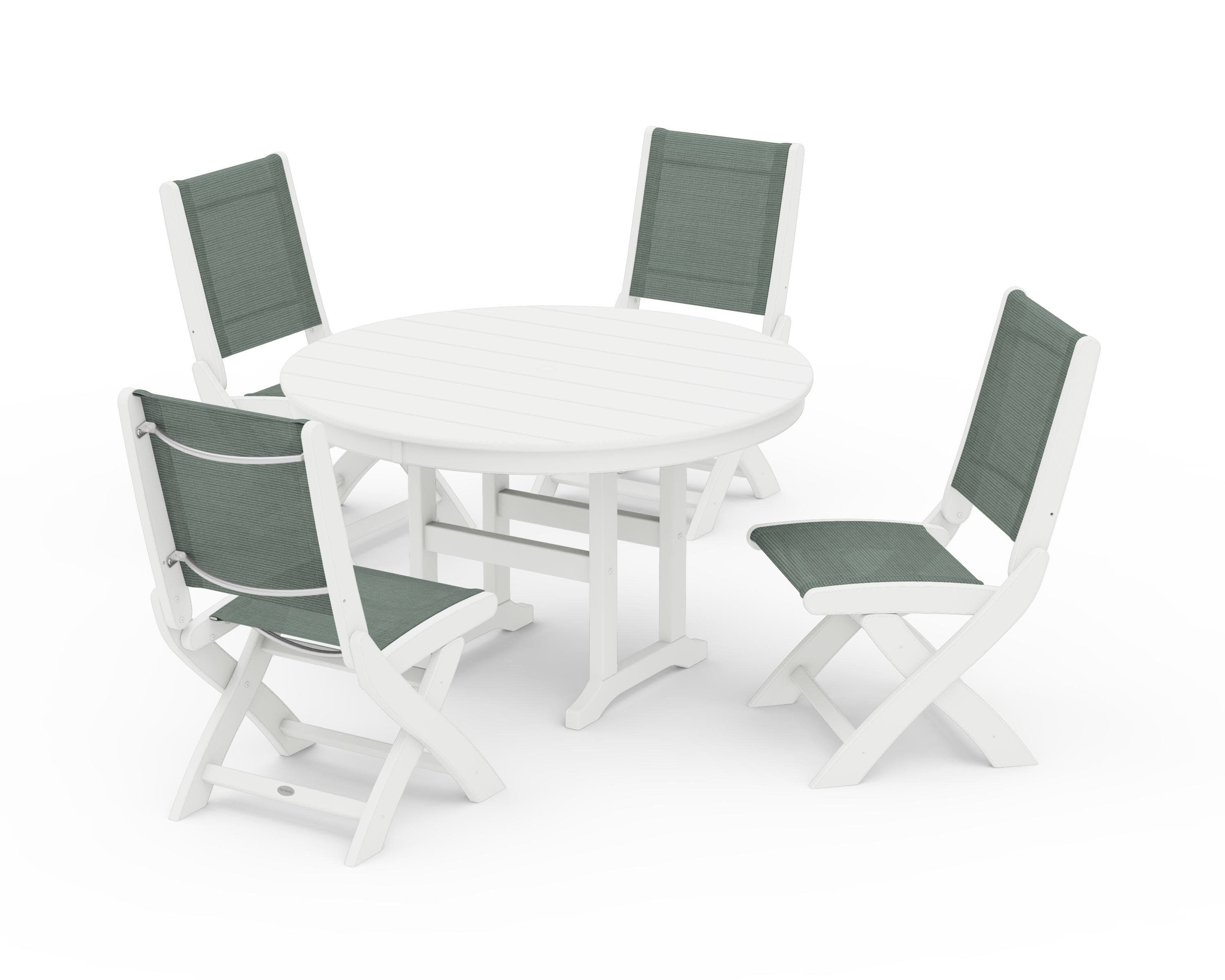 Coastal Folding Side Chair 5-Piece Round Dining Set in White / Dupioni Sea Mist Sling