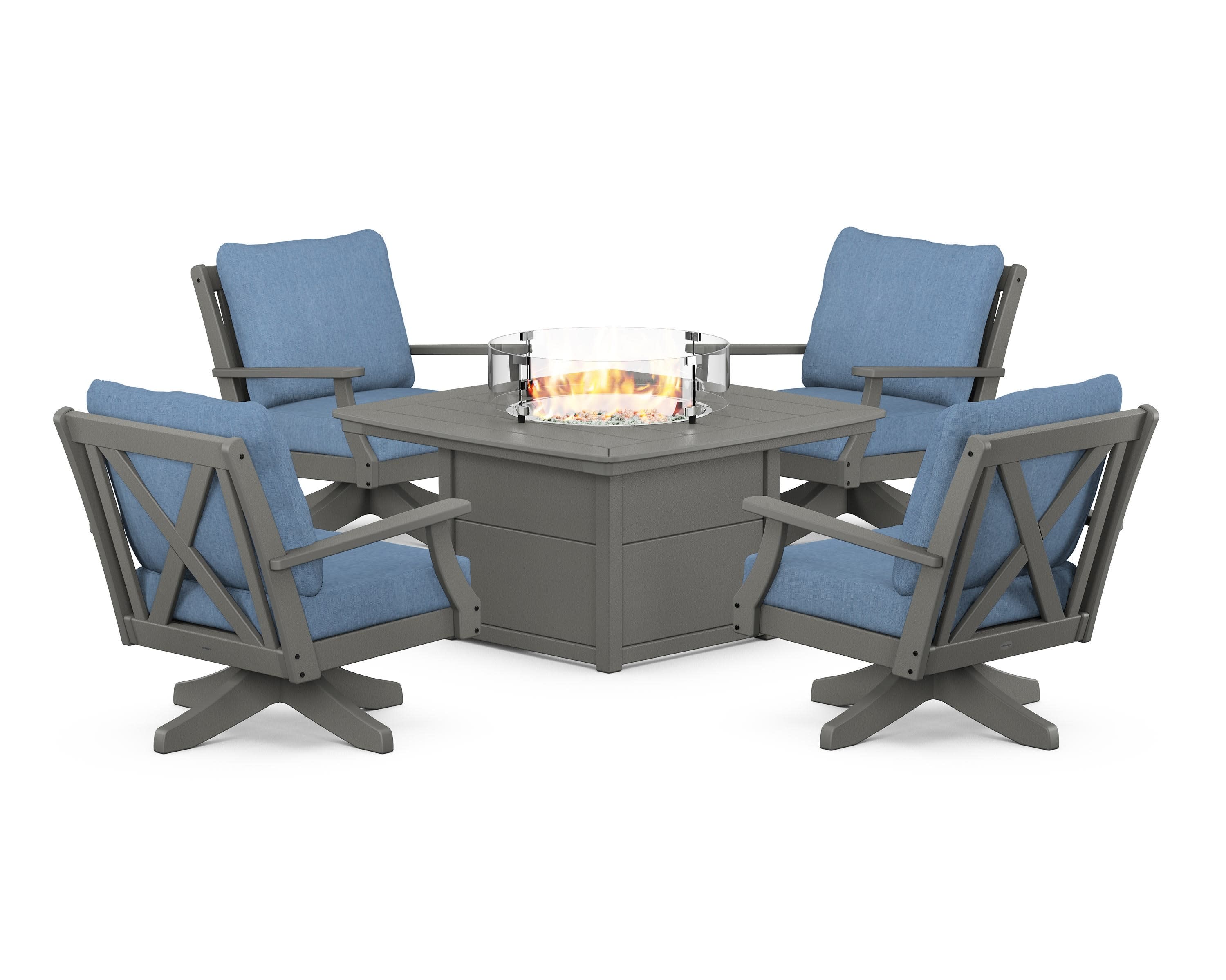 Braxton 5-Piece Deep Seating Swivel Conversation Set with Fire Pit Table in Slate Grey / Sky Blue