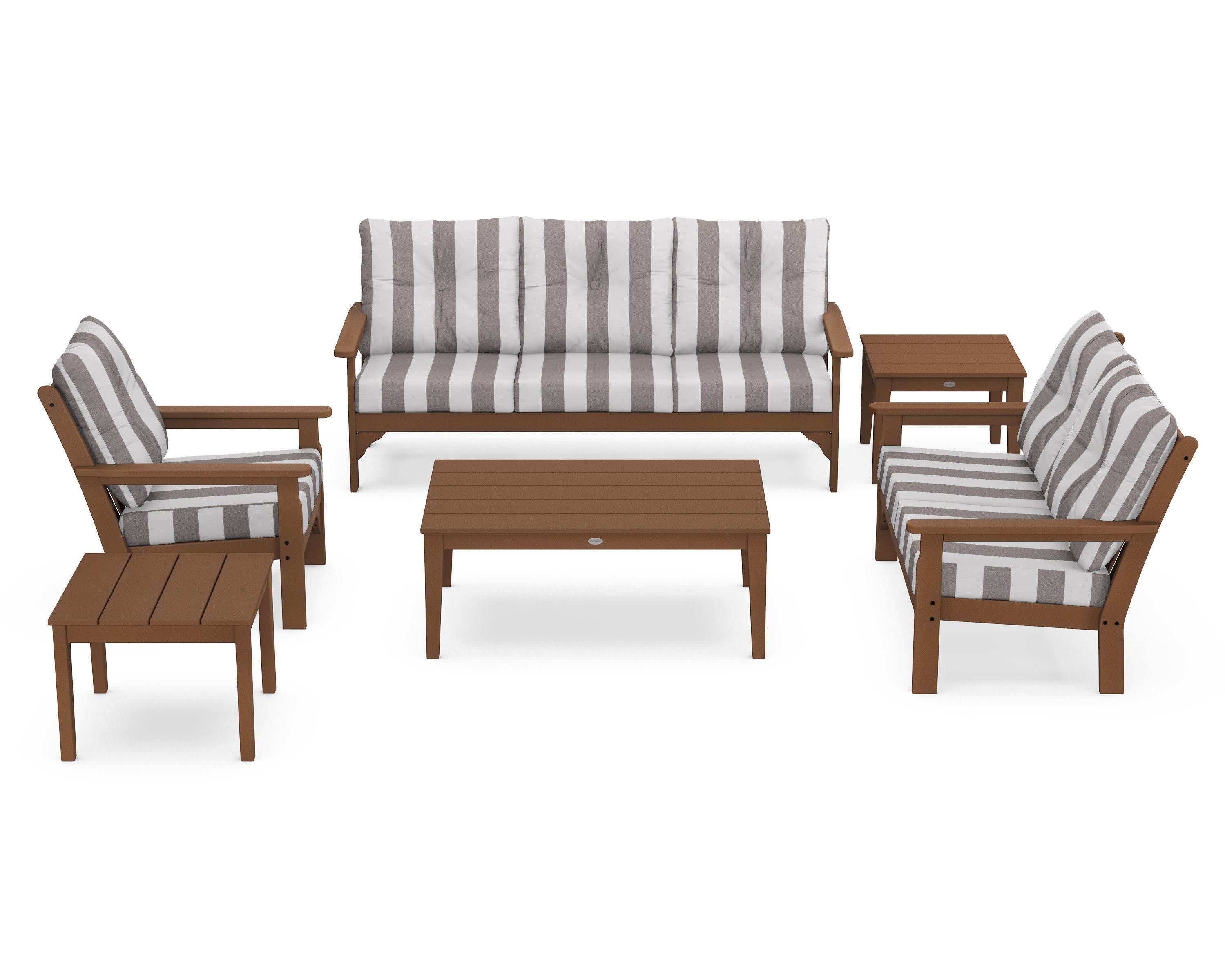 Vineyard 6-Piece Deep Seating Set in Teak / Cabana Stripe Grey Mist