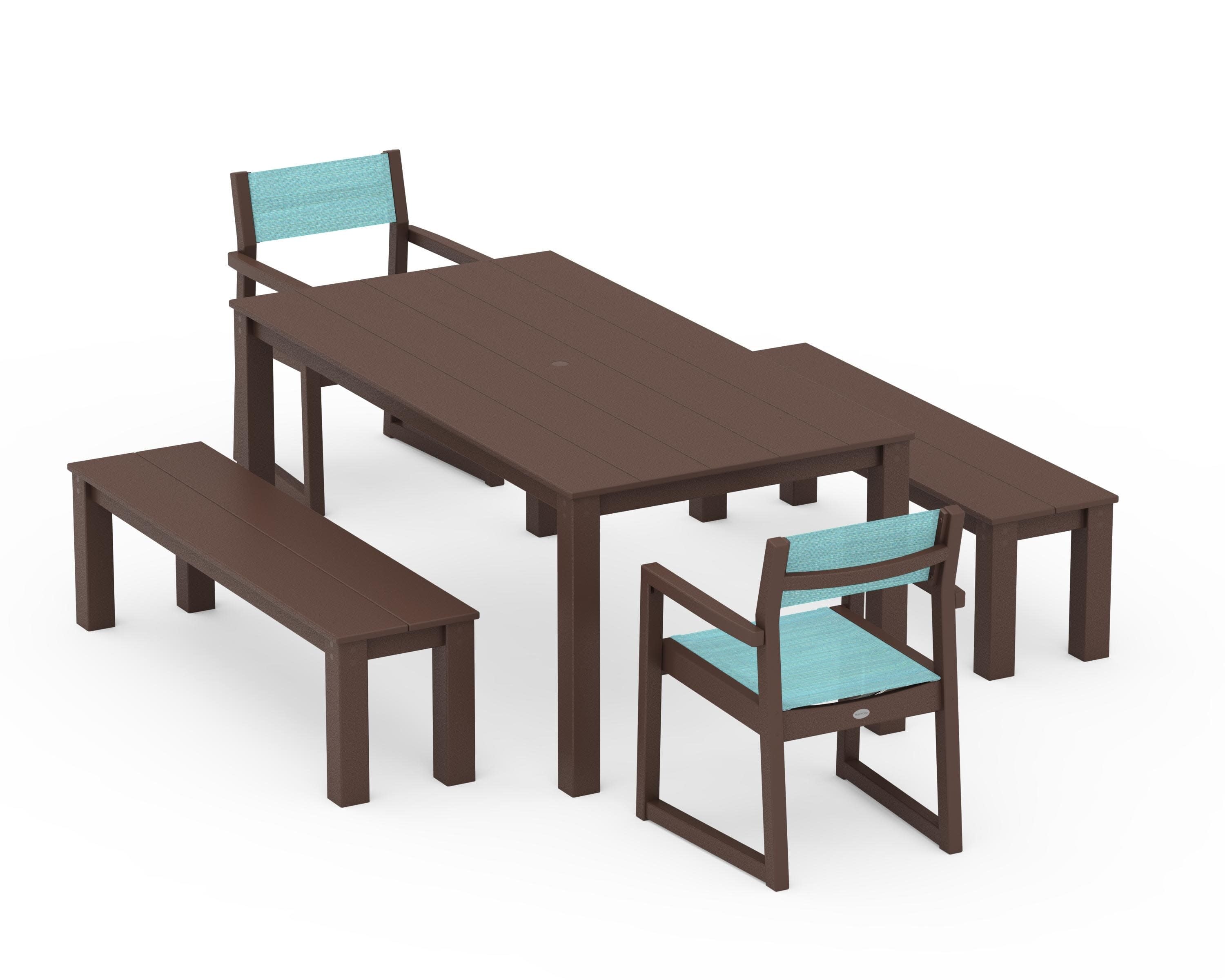 EDGE Sling Arm Chair 5-Piece Parsons Dining Set with Benches in Mahogany / Dupioni Aquamarine Sling