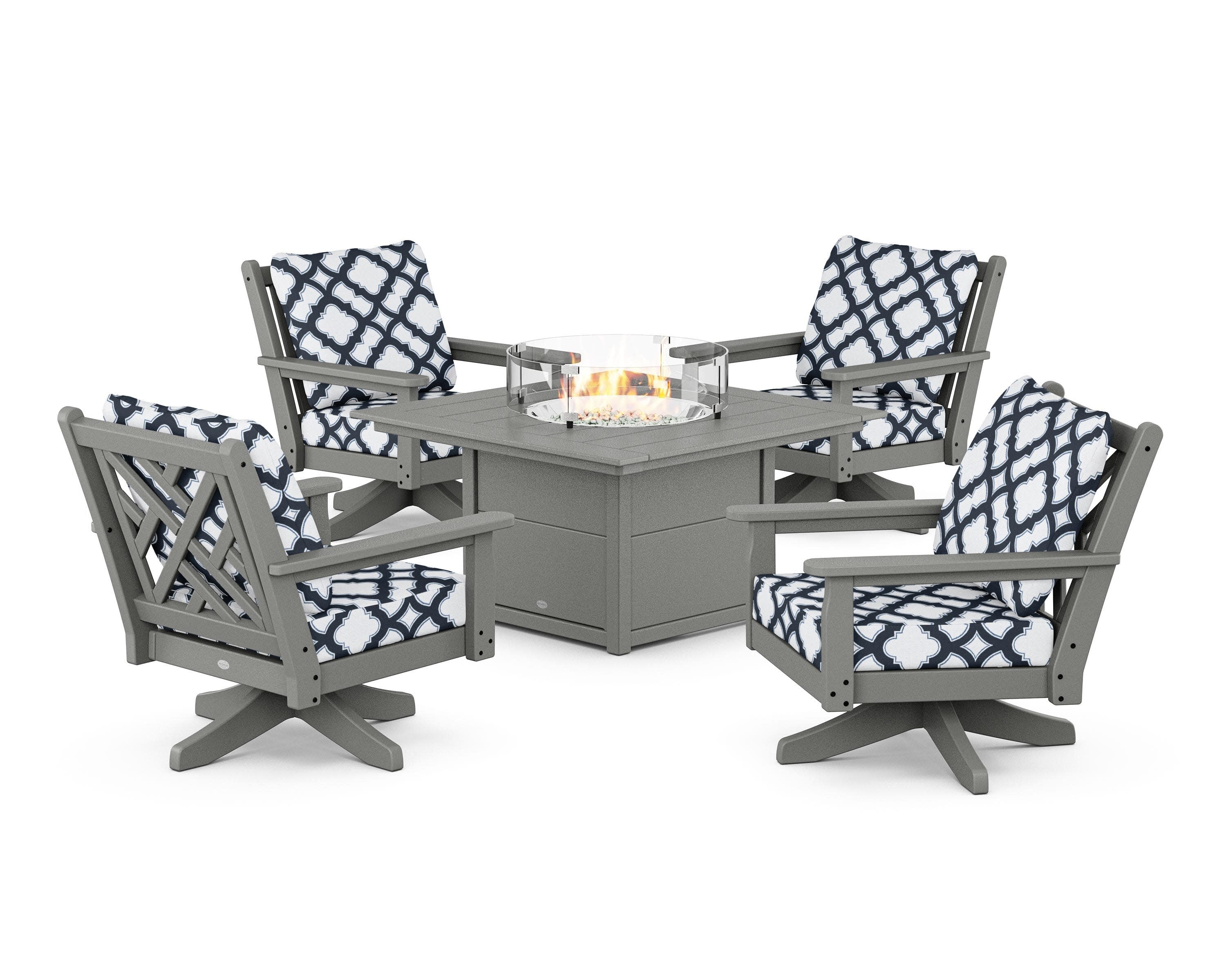 Chippendale 5-Piece Deep Seating Swivel Conversation Set with Fire Pit Table in Slate Grey / Trellis Marine Indigo