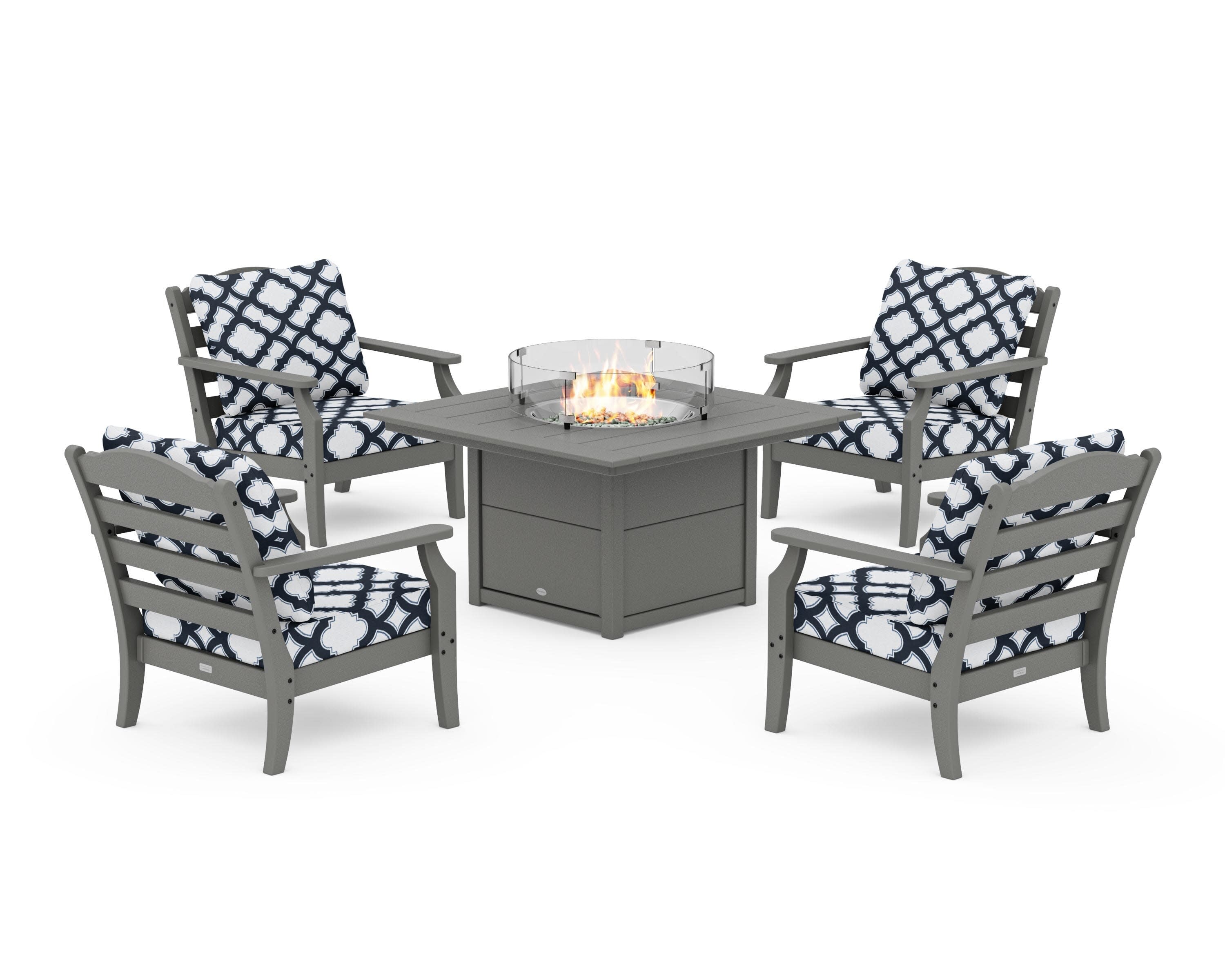 Savannah 5-Piece Deep Seating Set with Fire Pit Table in Slate Grey / Trellis Marine Indigo