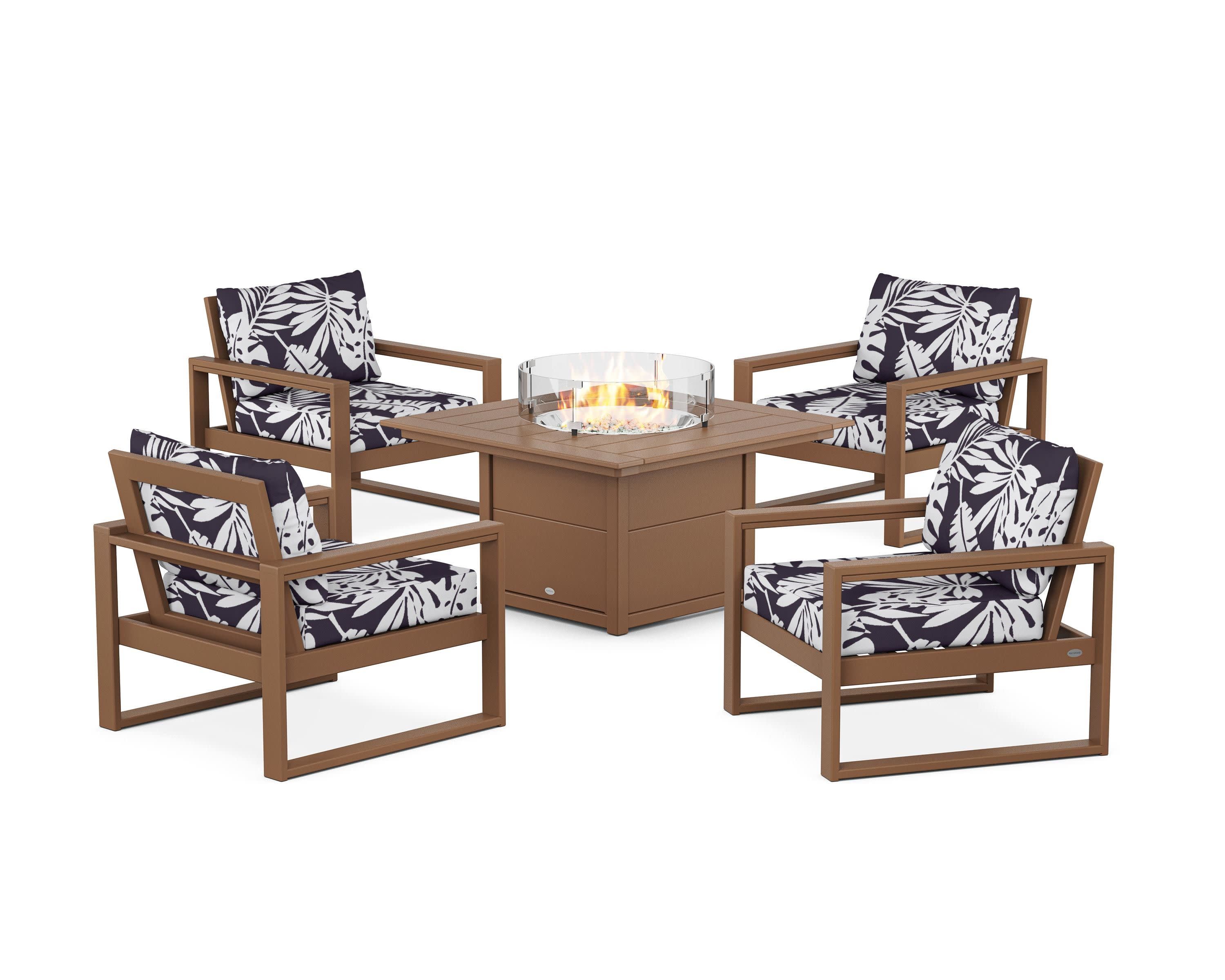 EDGE Sectional 5-Piece Deep Seating Set with Fire Pit Table in Teak / Leaf Navy