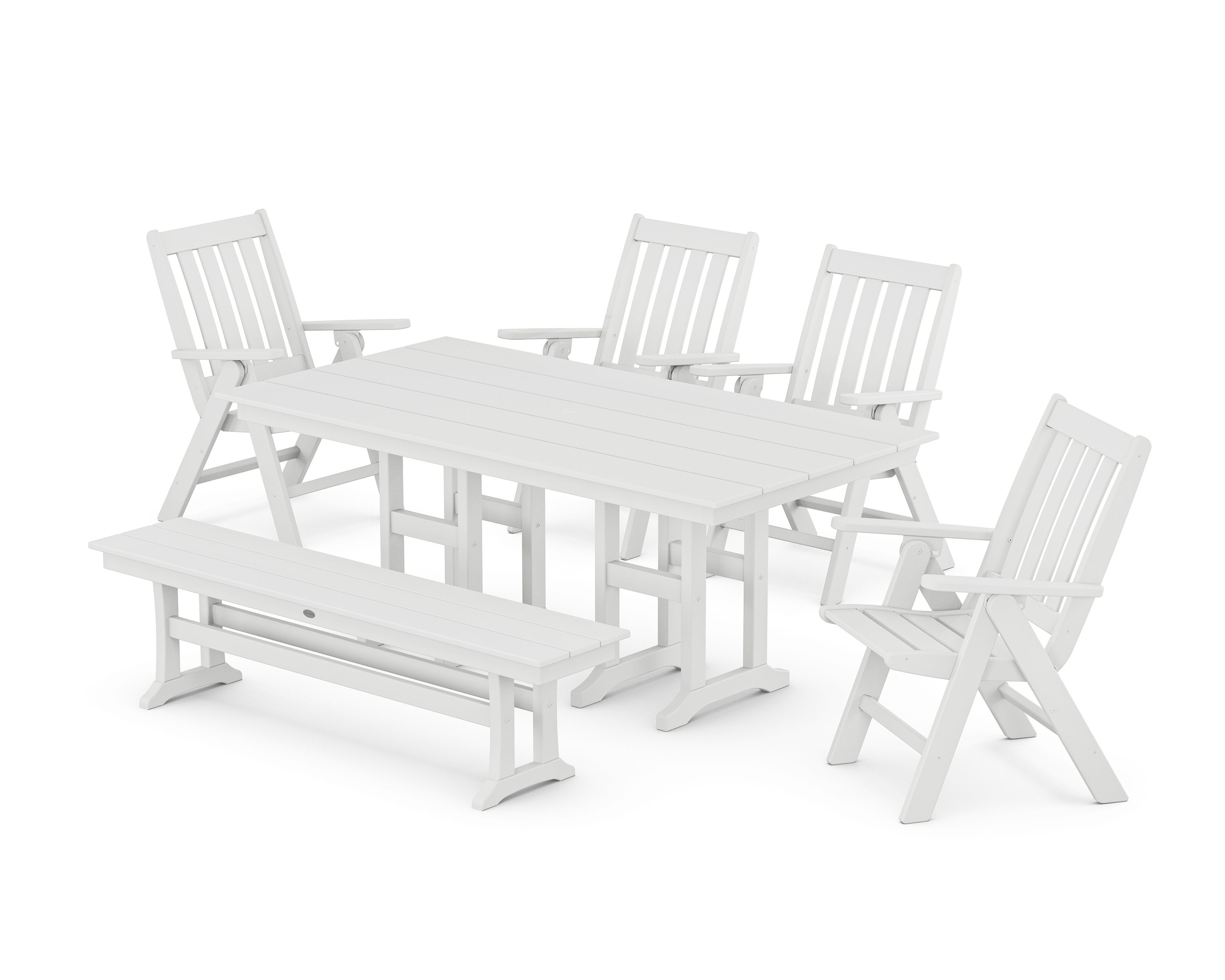 Vineyard Folding Chair 6-Piece Farmhouse Dining Set with Bench in White