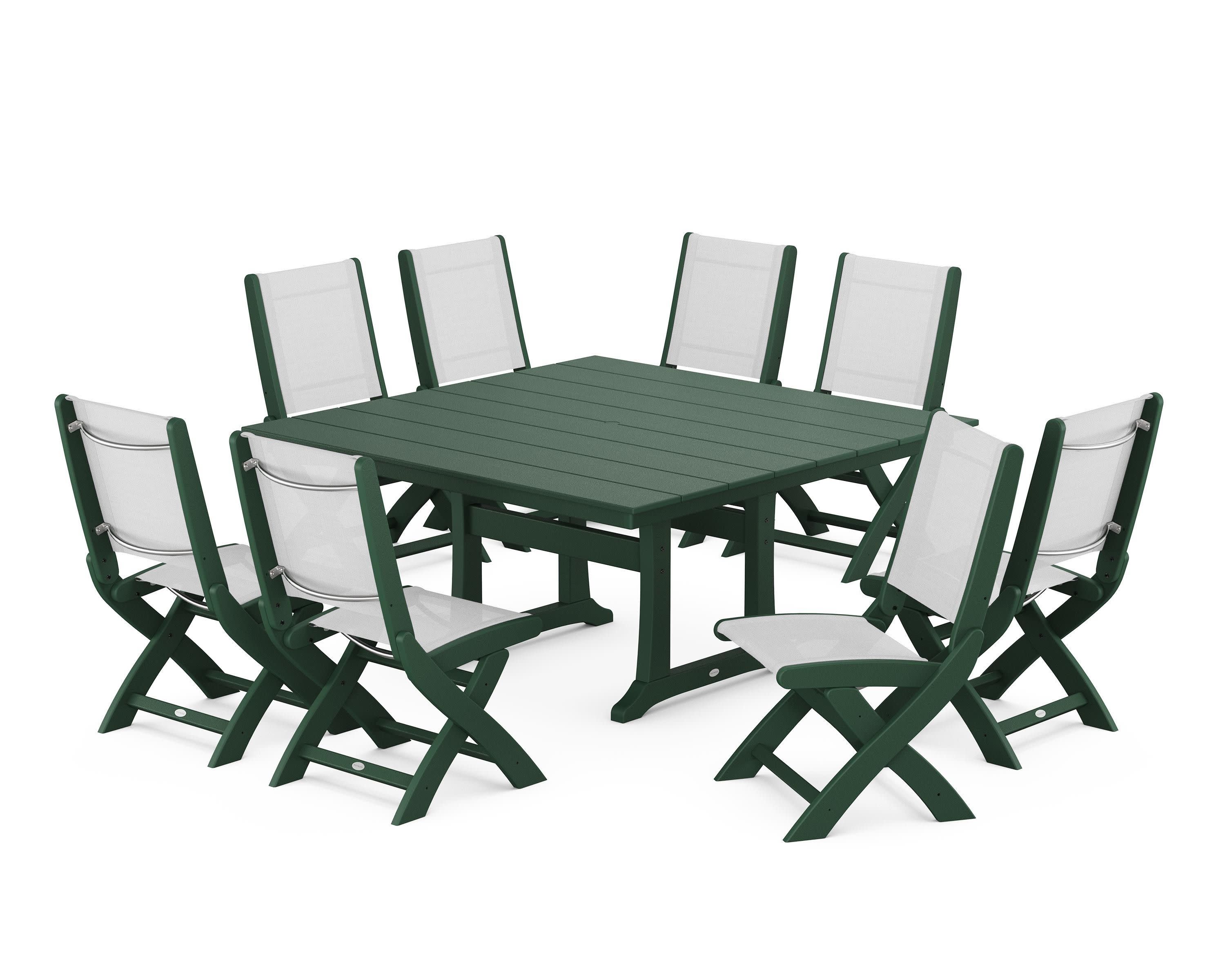Coastal Folding Side Chair 9-Piece Farmhouse Dining Set in Green / White Sling