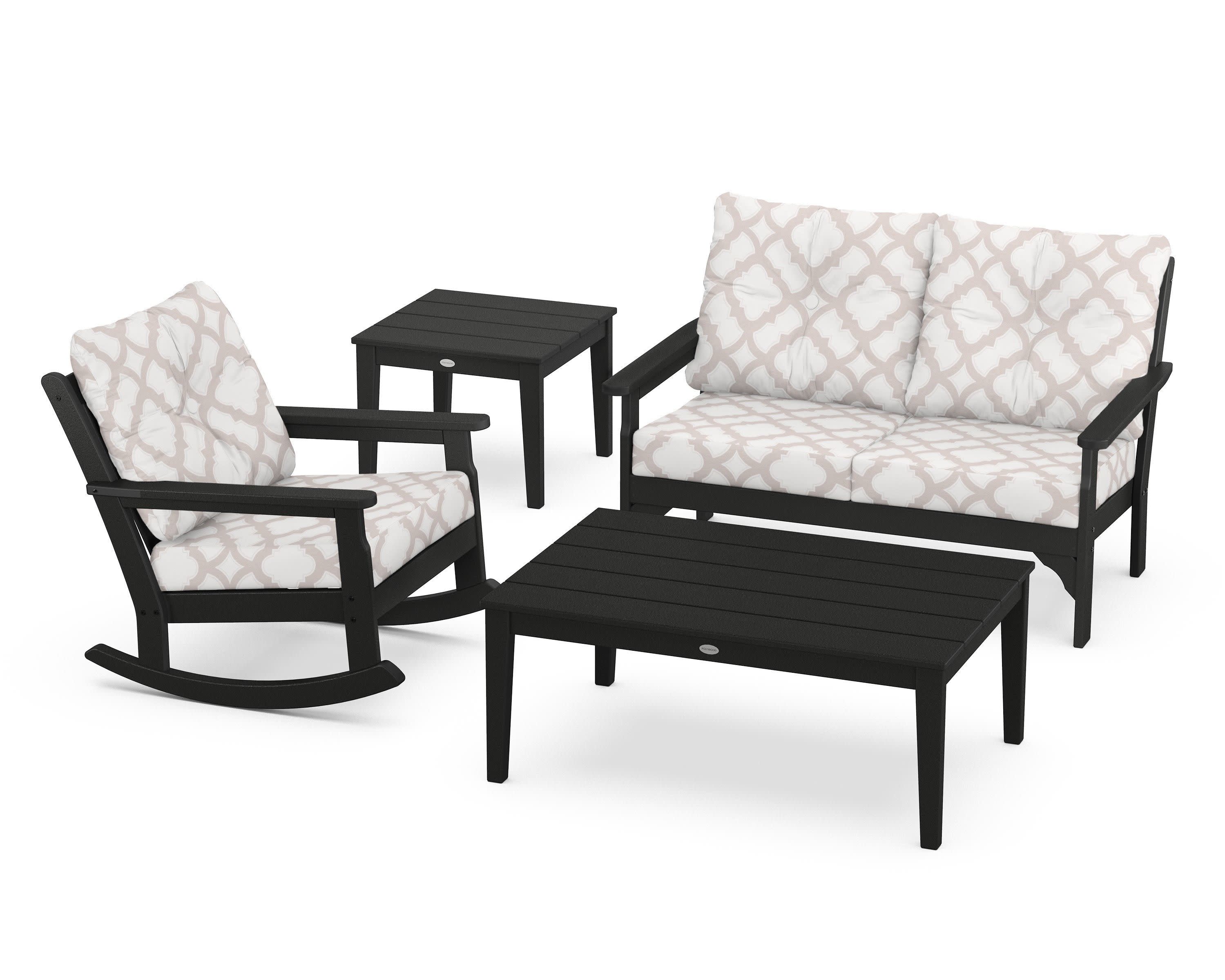 Vineyard 4-Piece Deep Seating Rocker Set in Black / Trellis Dune Burlap