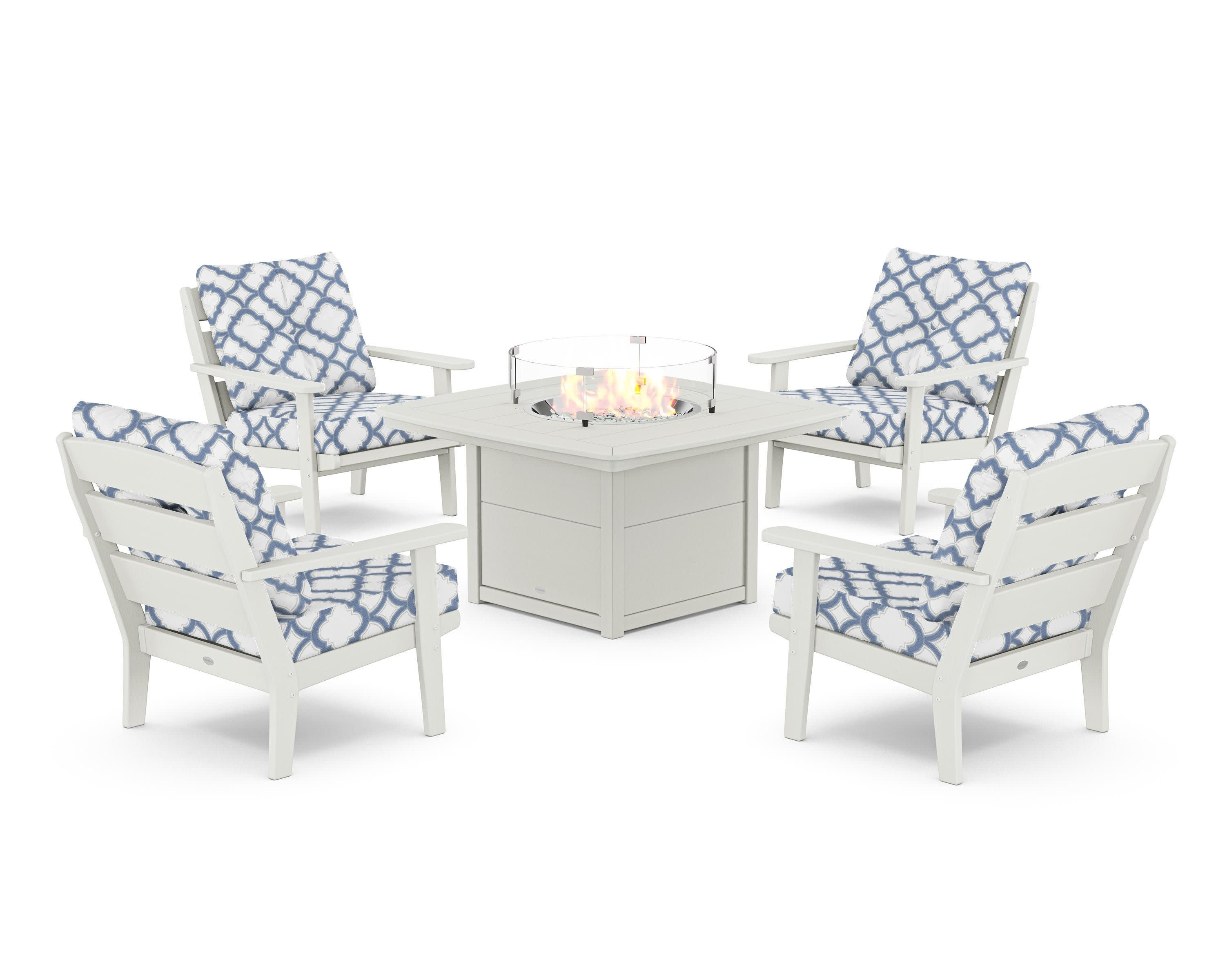 Lakeside 5-Piece Deep Seating Set with Nautical Fire Pit Table in Vintage White / Trellis Sky Blue