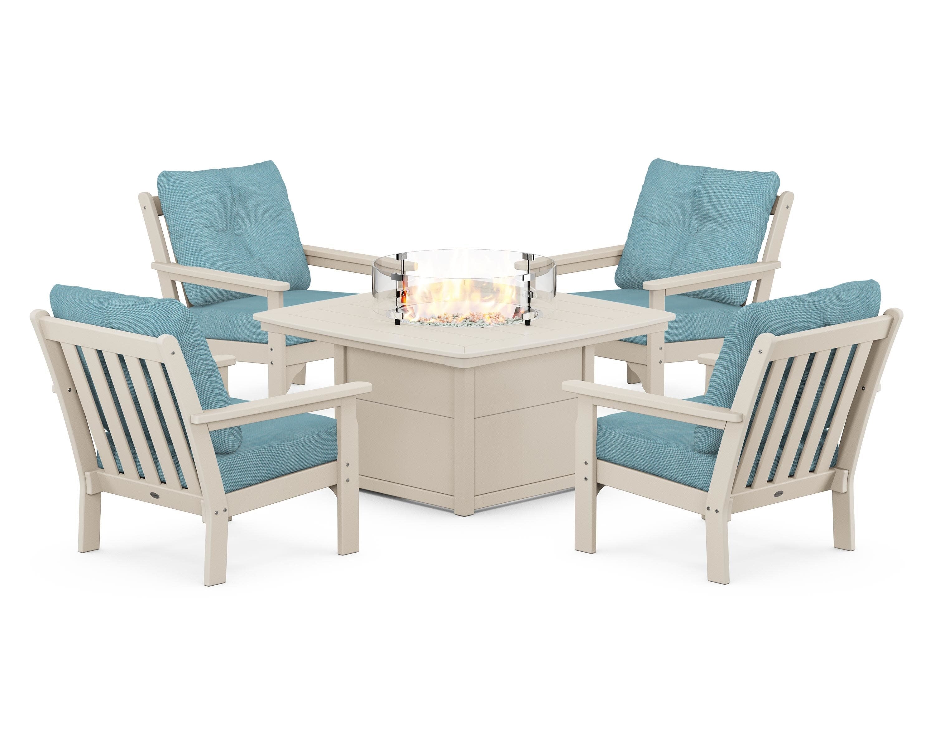 Vineyard 5-Piece Conversation Set with Fire Pit Table in Sand / Lattice Sky Blue