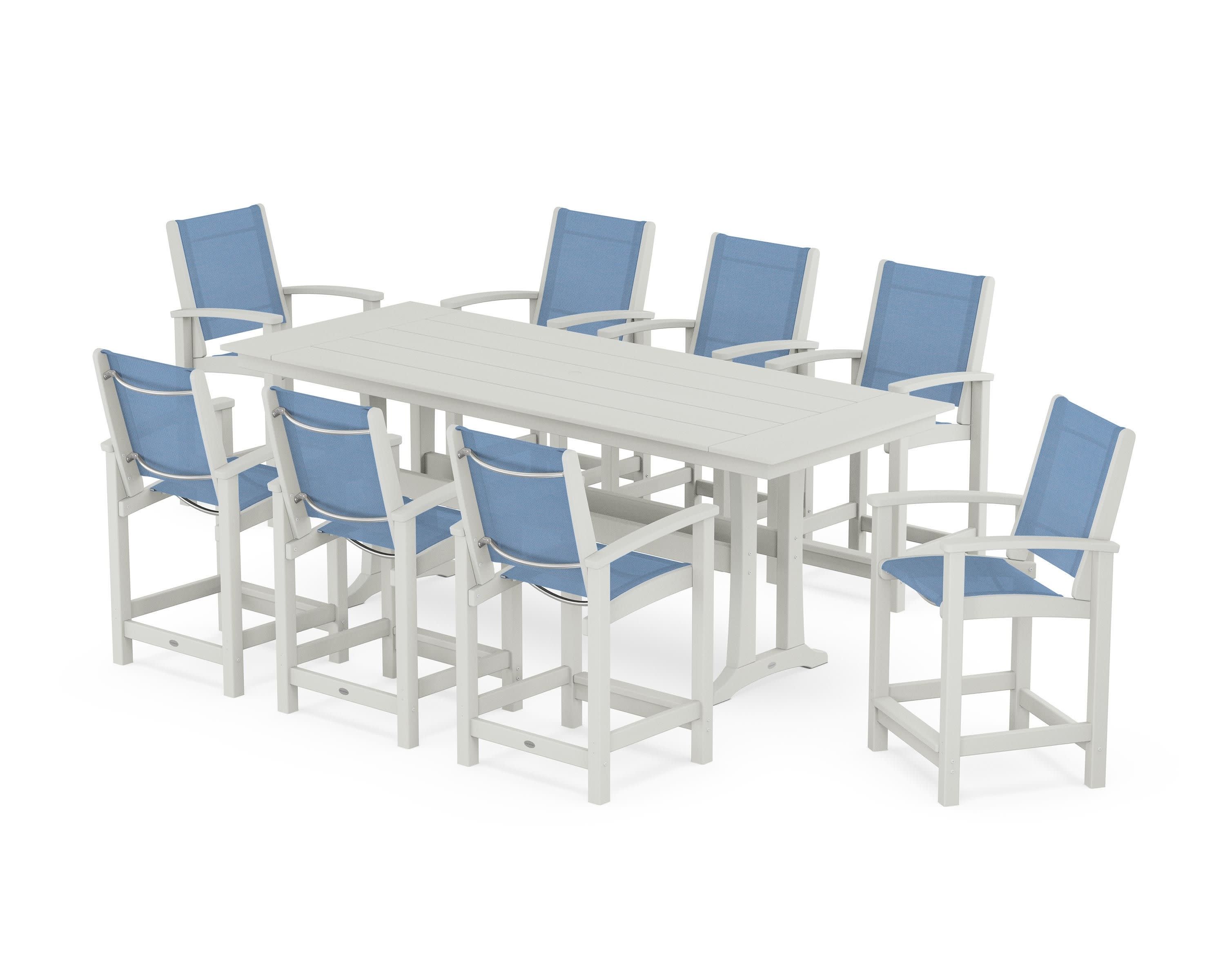 Coastal 9-Piece Farmhouse Counter Set with Trestle Legs in Vintage White / Poolside Sling