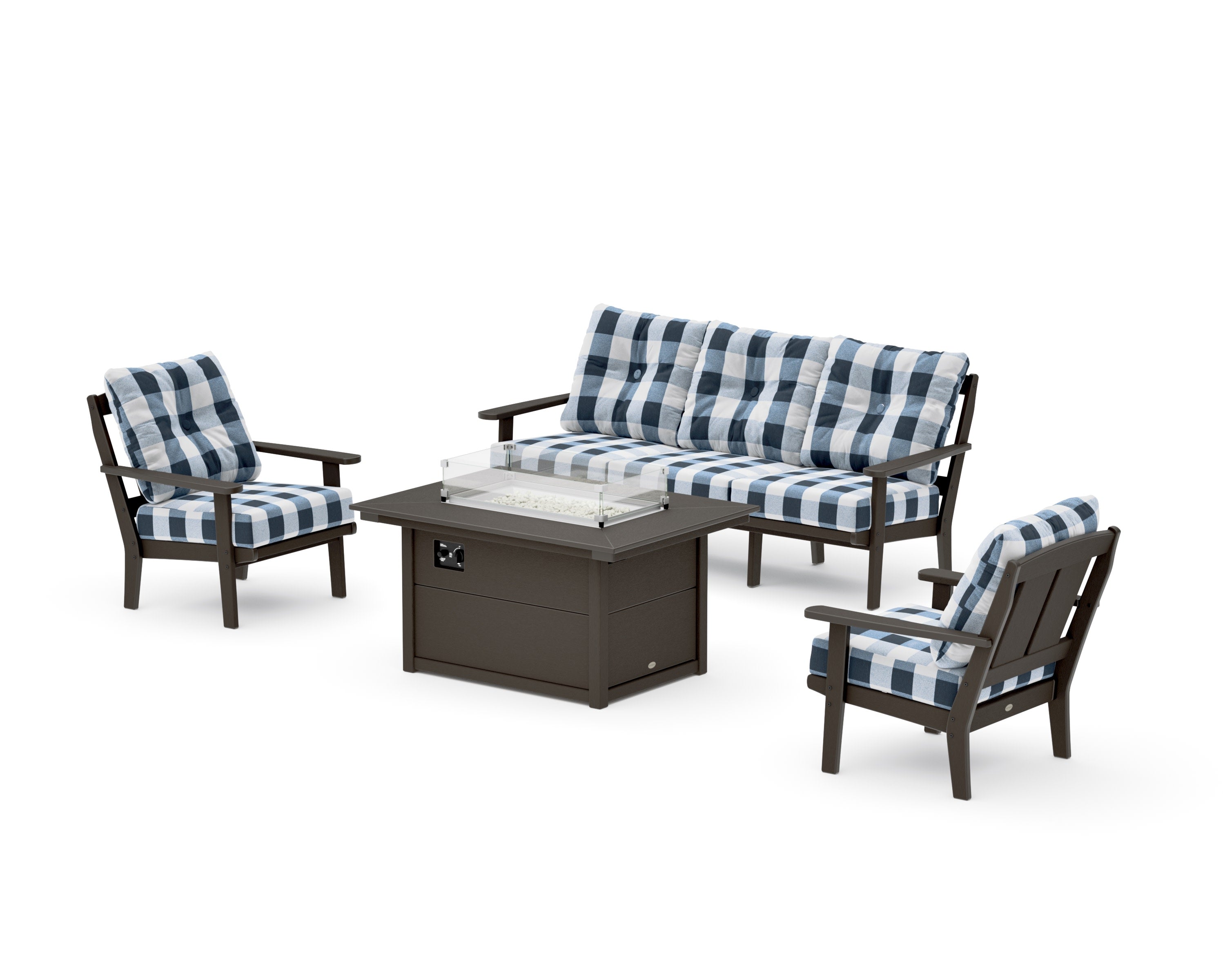 Mission Deep Seating Fire Pit Table Set in Vintage Coffee / Buffalo Plaid Marine Indigo