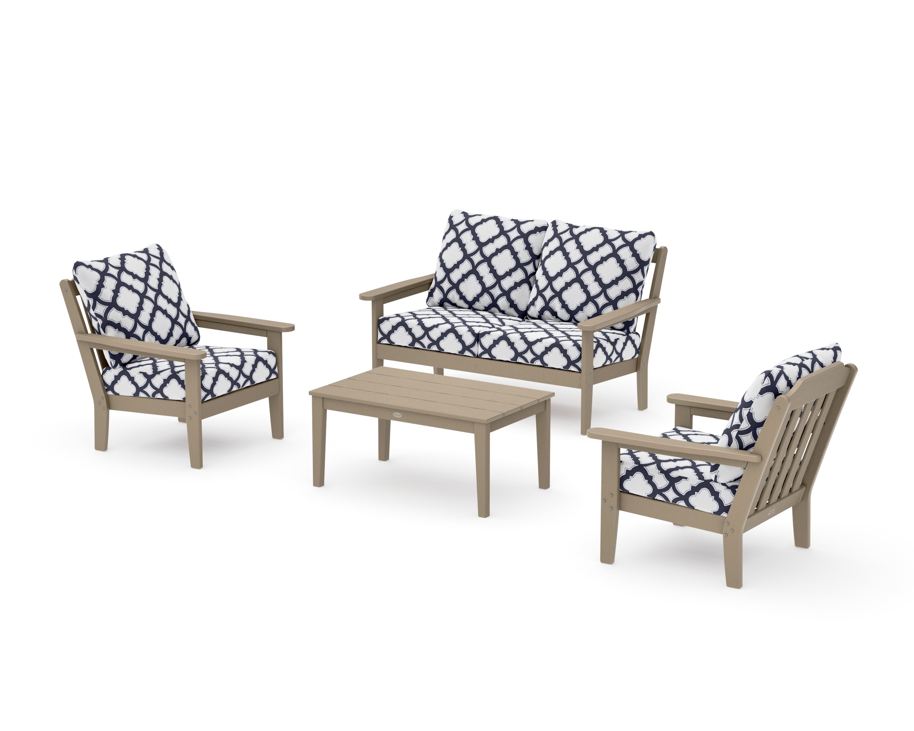 Cottage 4-Piece Deep Seating Set with Loveseat in Vintage Sahara / Trellis Navy