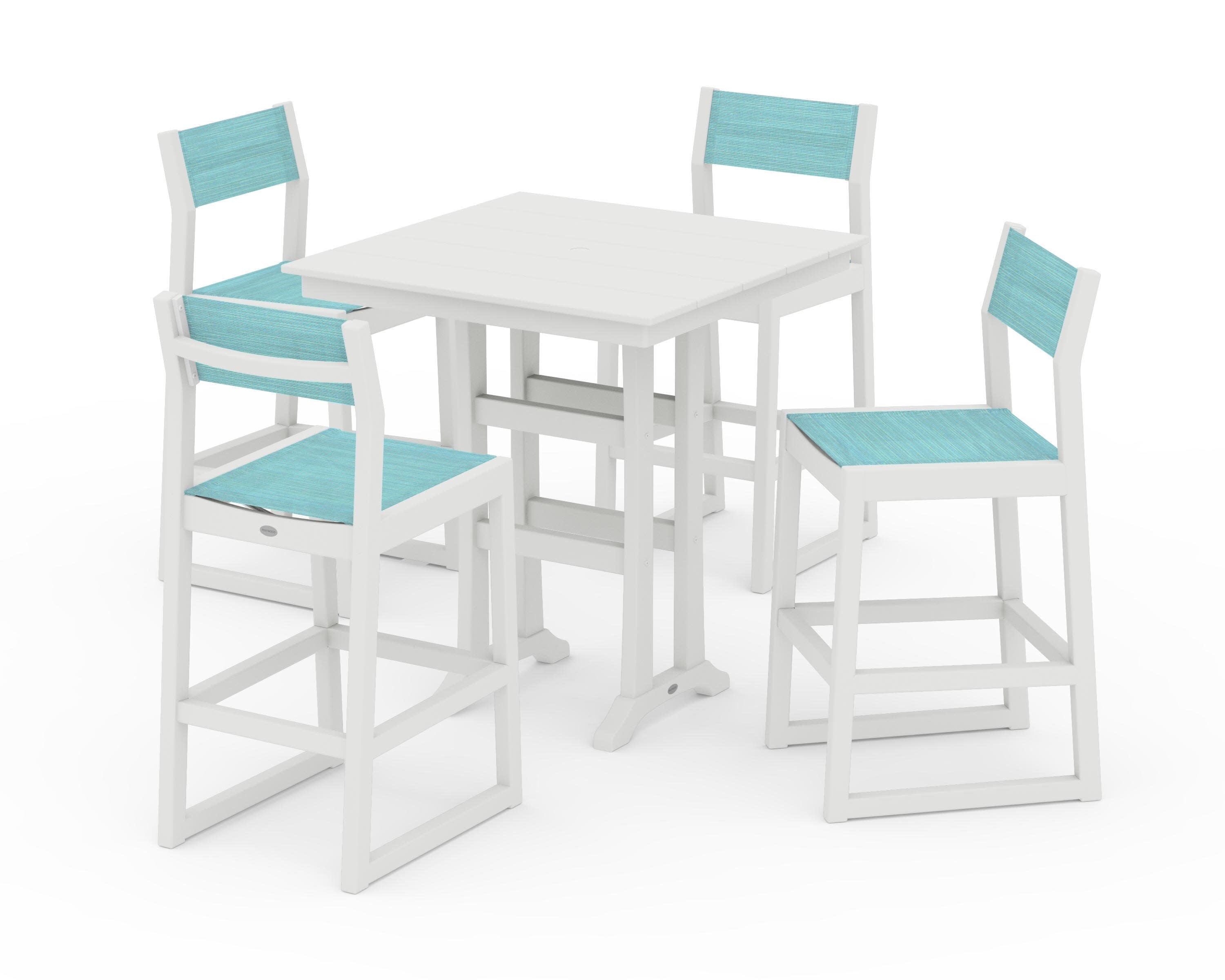 EDGE Sling Arm Chair 5-Piece Farmhouse Bar Set with Trestle Legs in Vintage White / Dupioni Aquamarine Sling