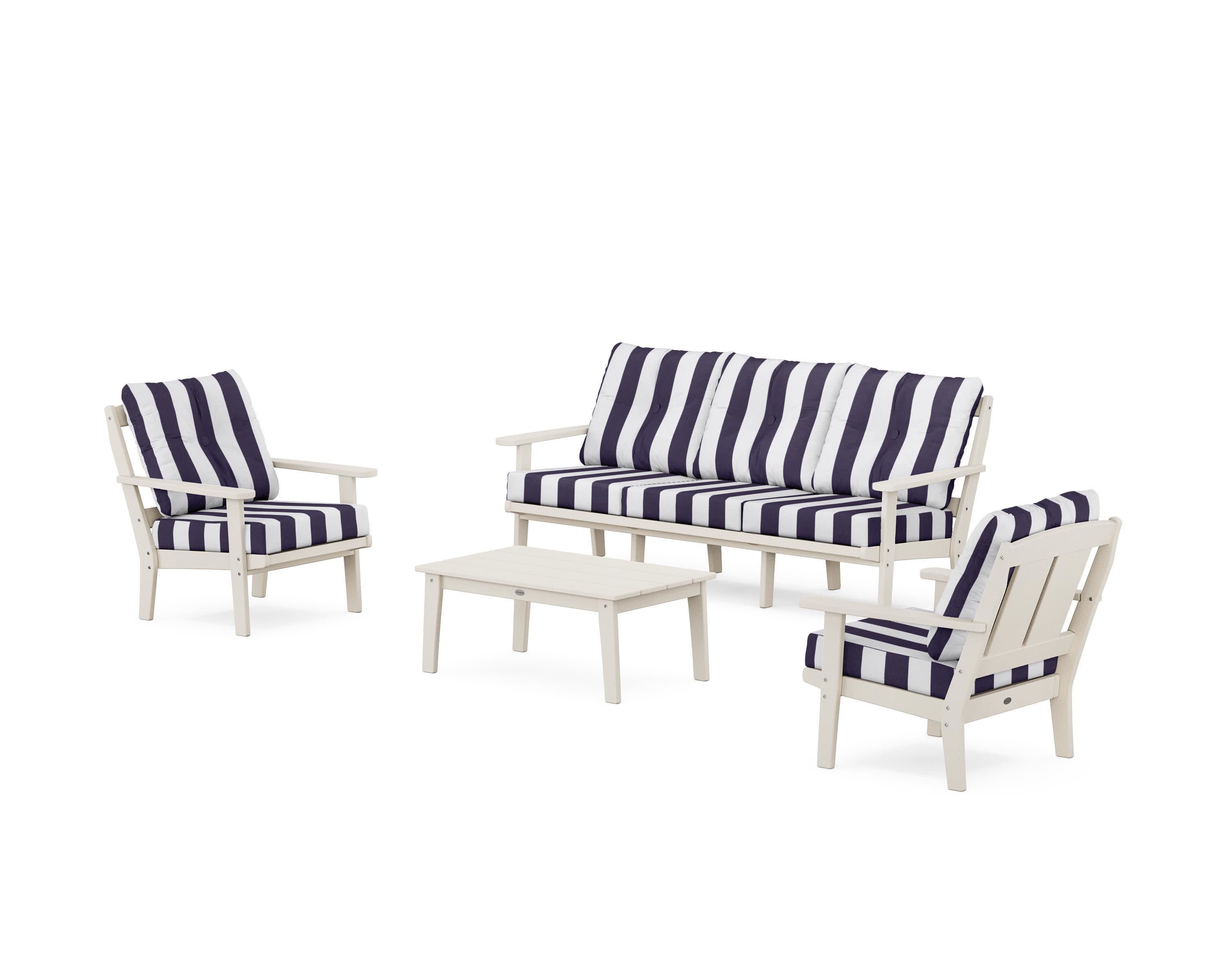 Mission 4-Piece Deep Seating Set with Sofa in Sand / Cabana Stripe Navy