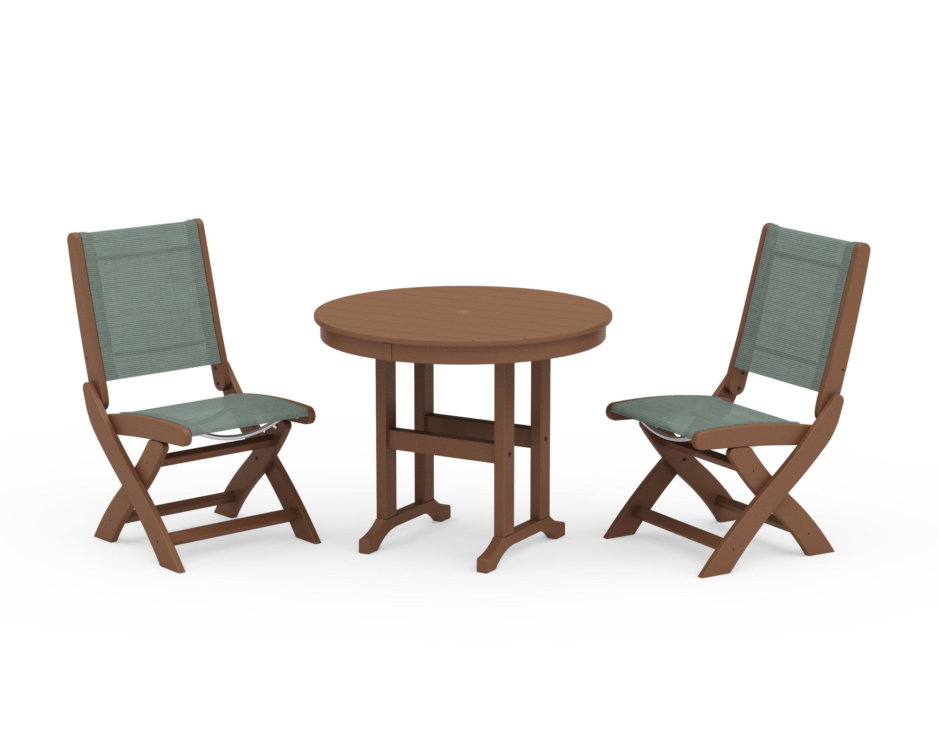 Coastal Folding Side Chair 3-Piece Round Dining Set in Teak / Dupioni Sea Mist Sling