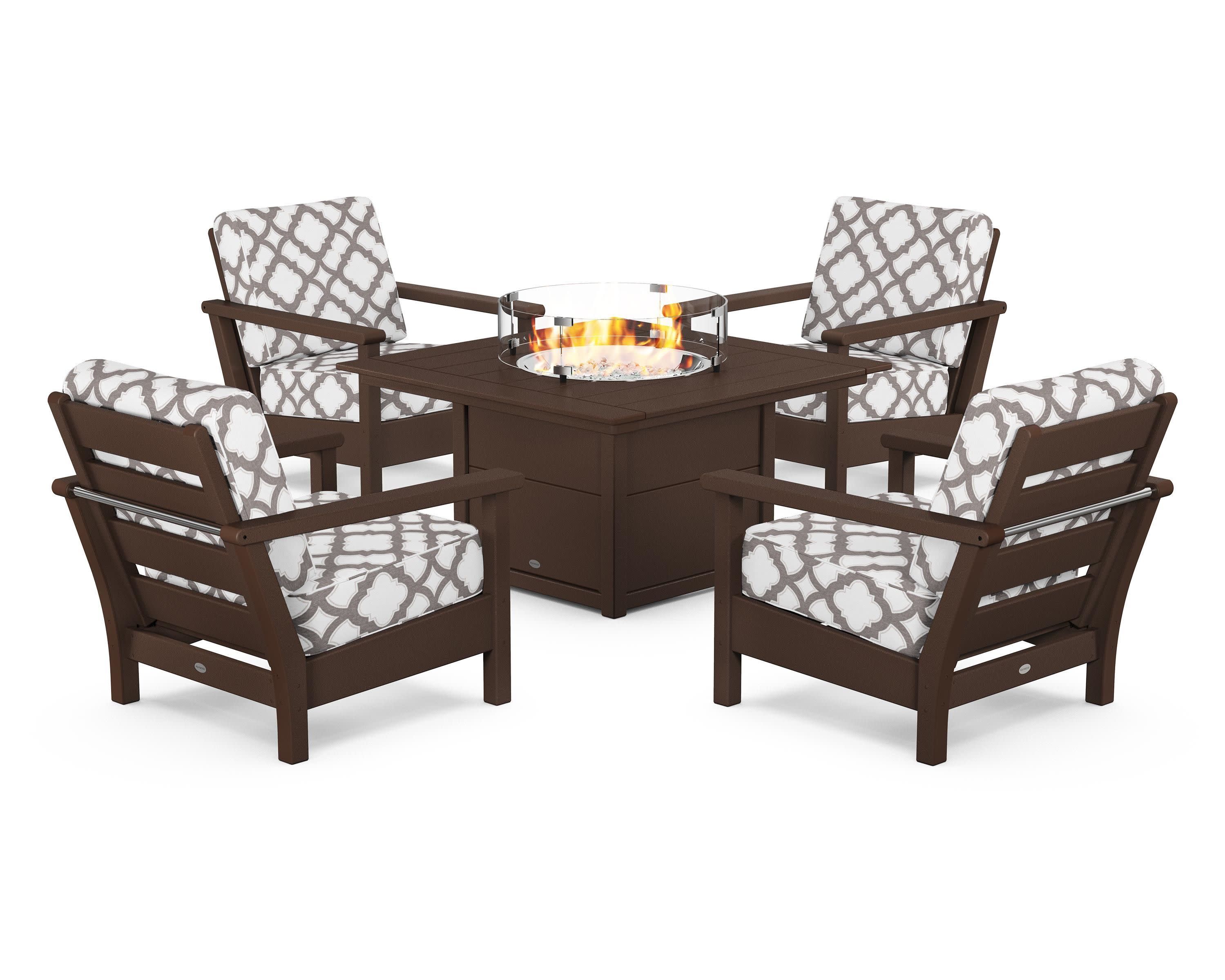 Harbour 5-Piece Conversation Set with Fire Pit Table in Mahogany / Trellis Grey Mist