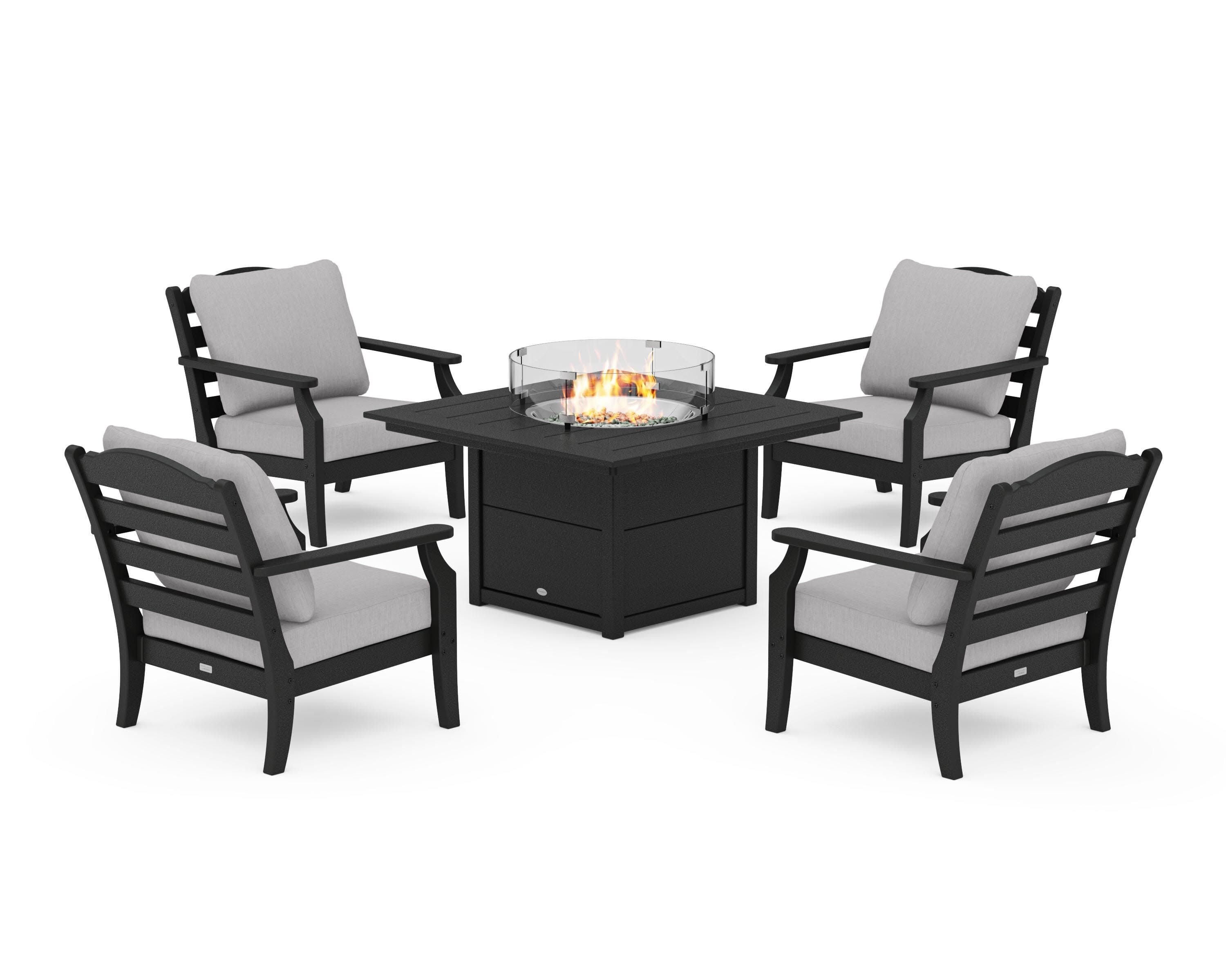 Savannah 5-Piece Deep Seating Set with Fire Pit Table in Black / Granite