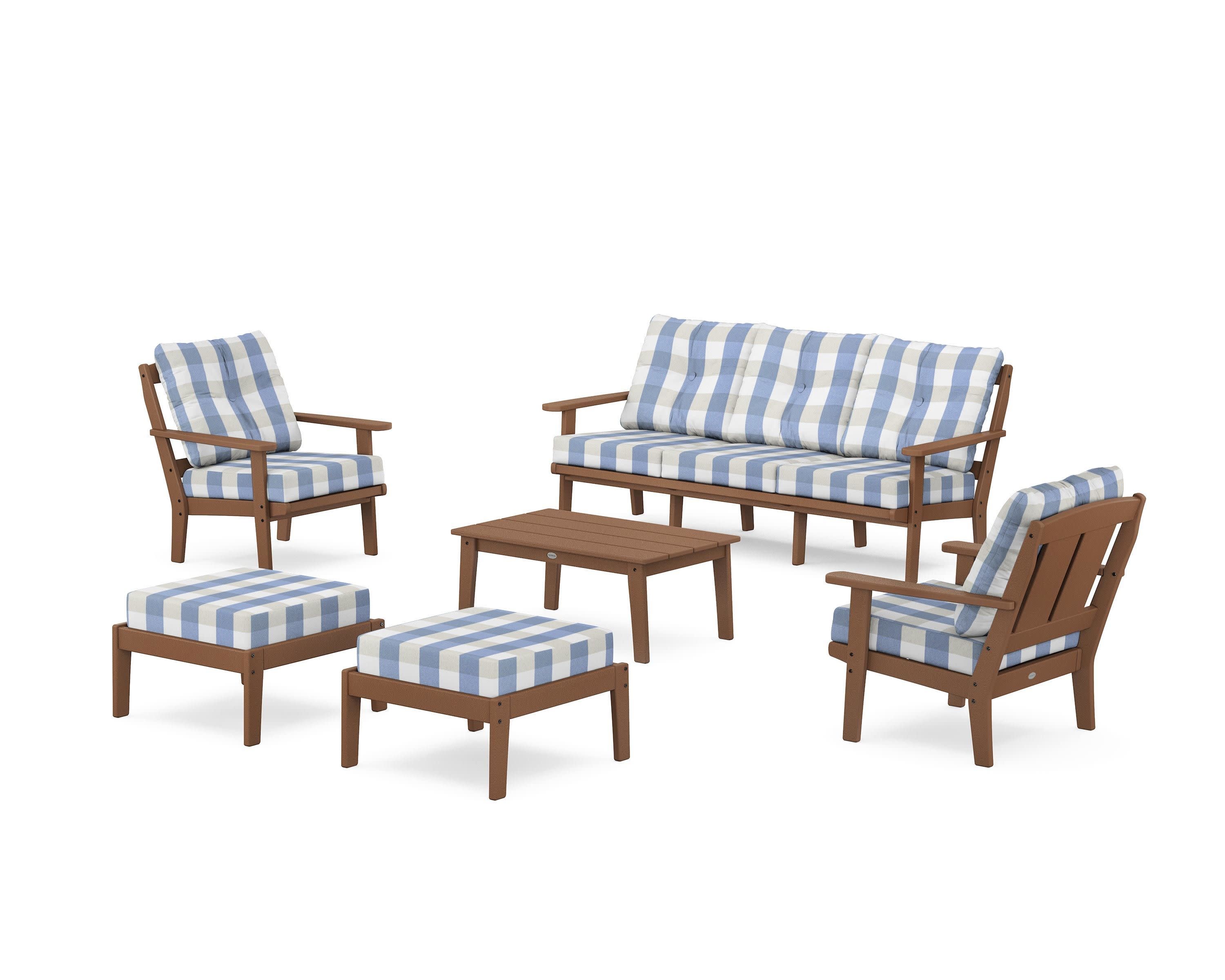Mission 6-Piece Lounge Sofa Set in Teak / Buffalo Plaid Sky Blue